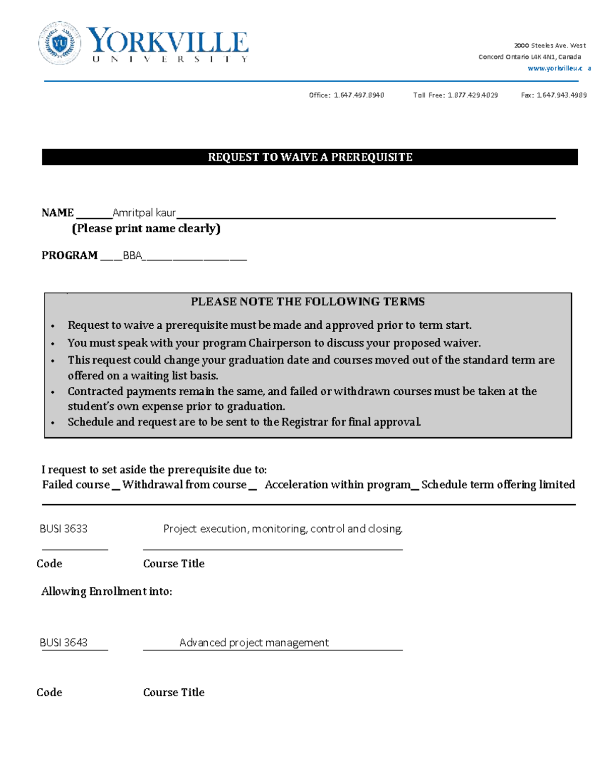 Waive a Pre Requisite form.pdf amrit 2 - REQUEST TO WAIVE A ...