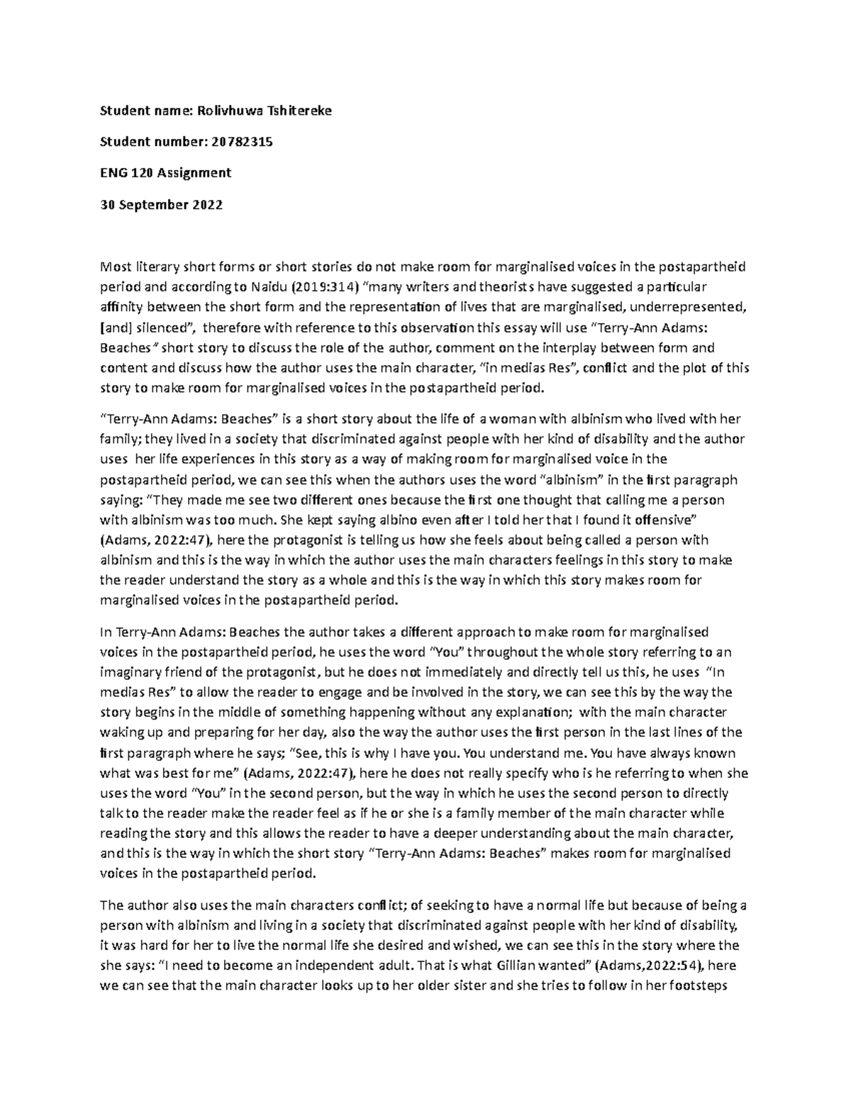 ENG 120 Assignment 0.1(SASS Essay) - Student Name: Rolivhuwa Tshitereke ...