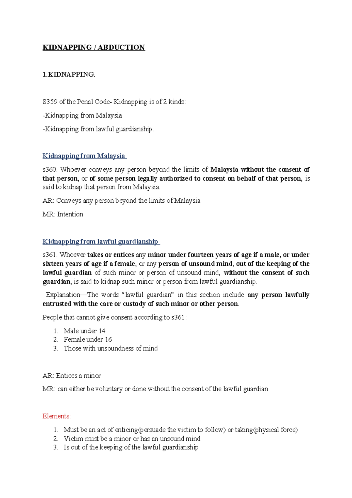 Criminal tutorial week 9 - KIDNAPPING / ABDUCTION 1. S359 of the Penal ...