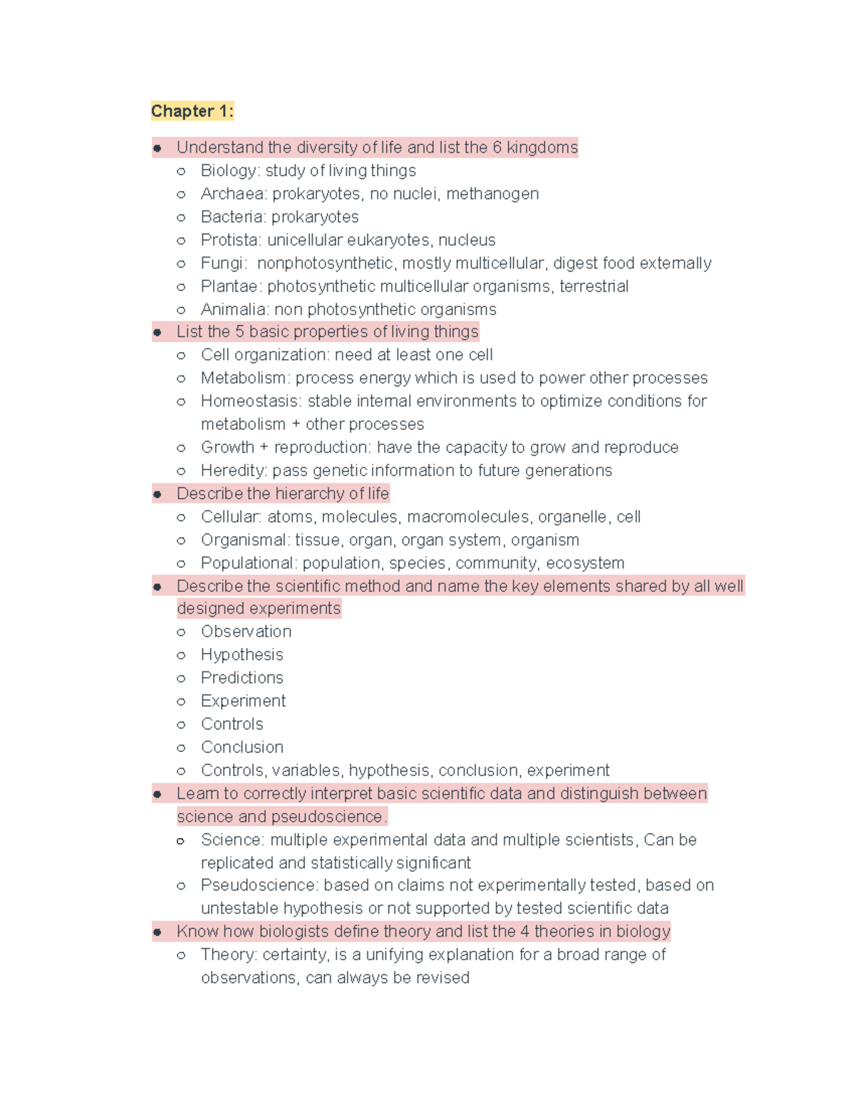 BIO Test 1 Study Guide - Lecture notes 1-4 - Chapter 1: Understand the ...