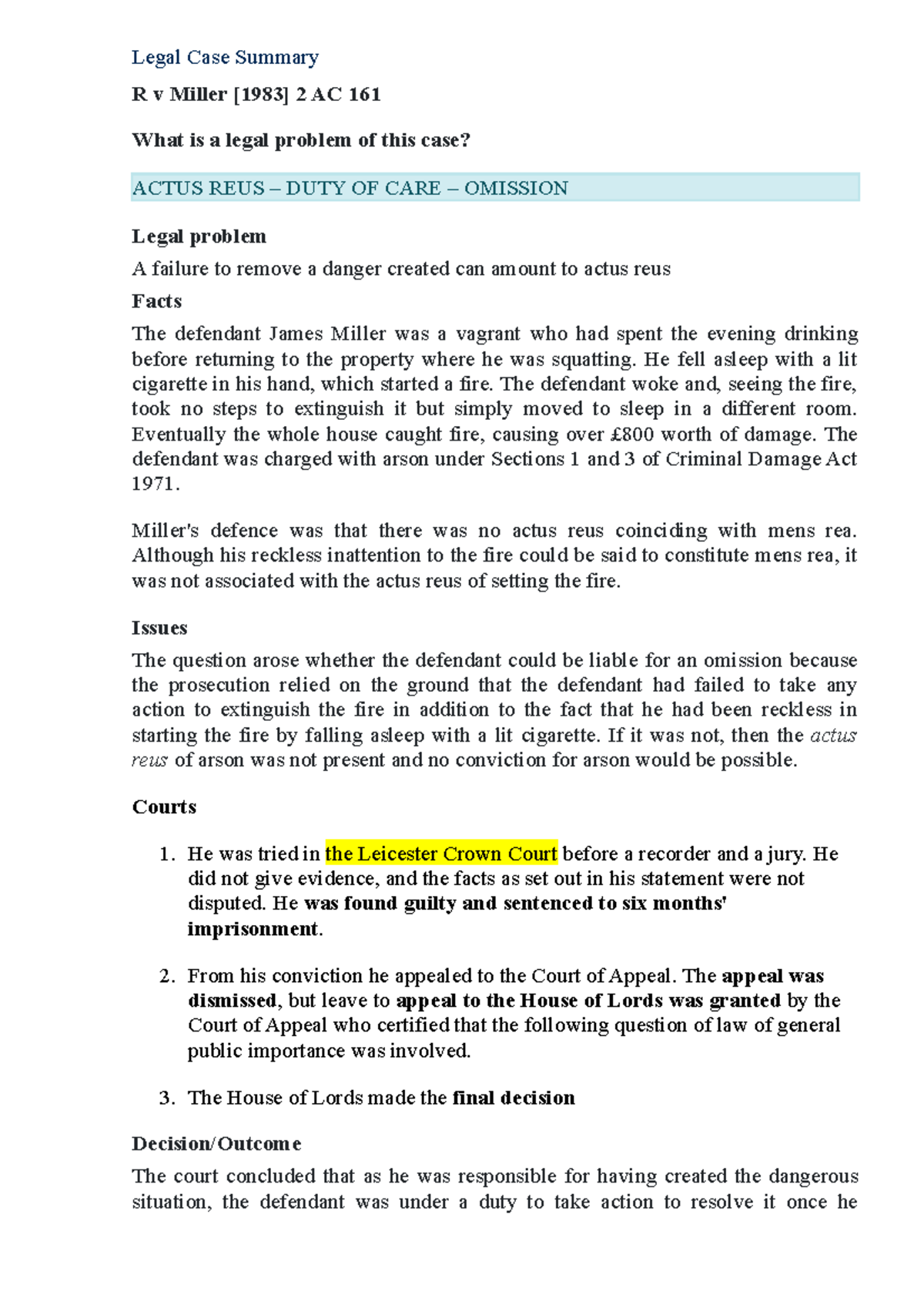 Legal Case Summary R V Miller [1983] - He Fell Asleep With A Lit ...