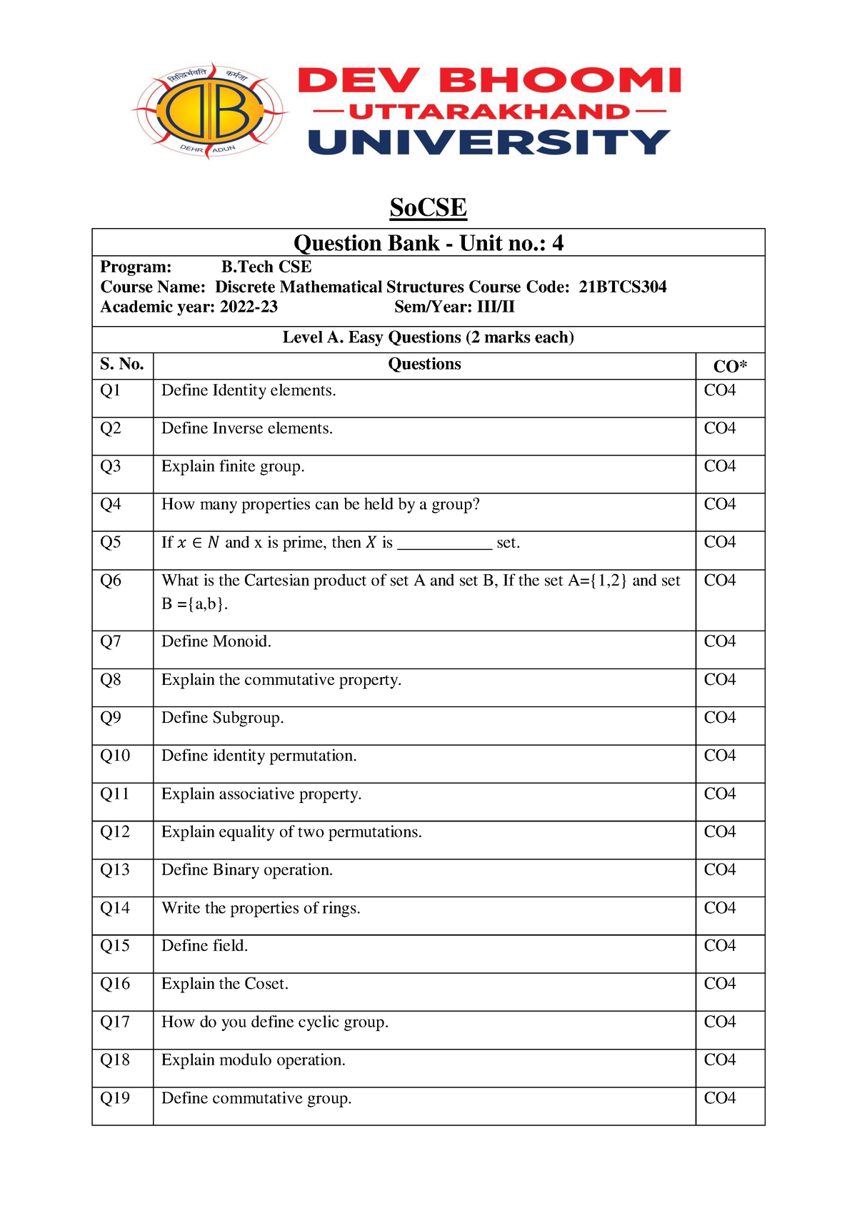 Unit 4 - Imp - SoCSE Question Bank - Unit No.: 4 Program: B CSE Course ...