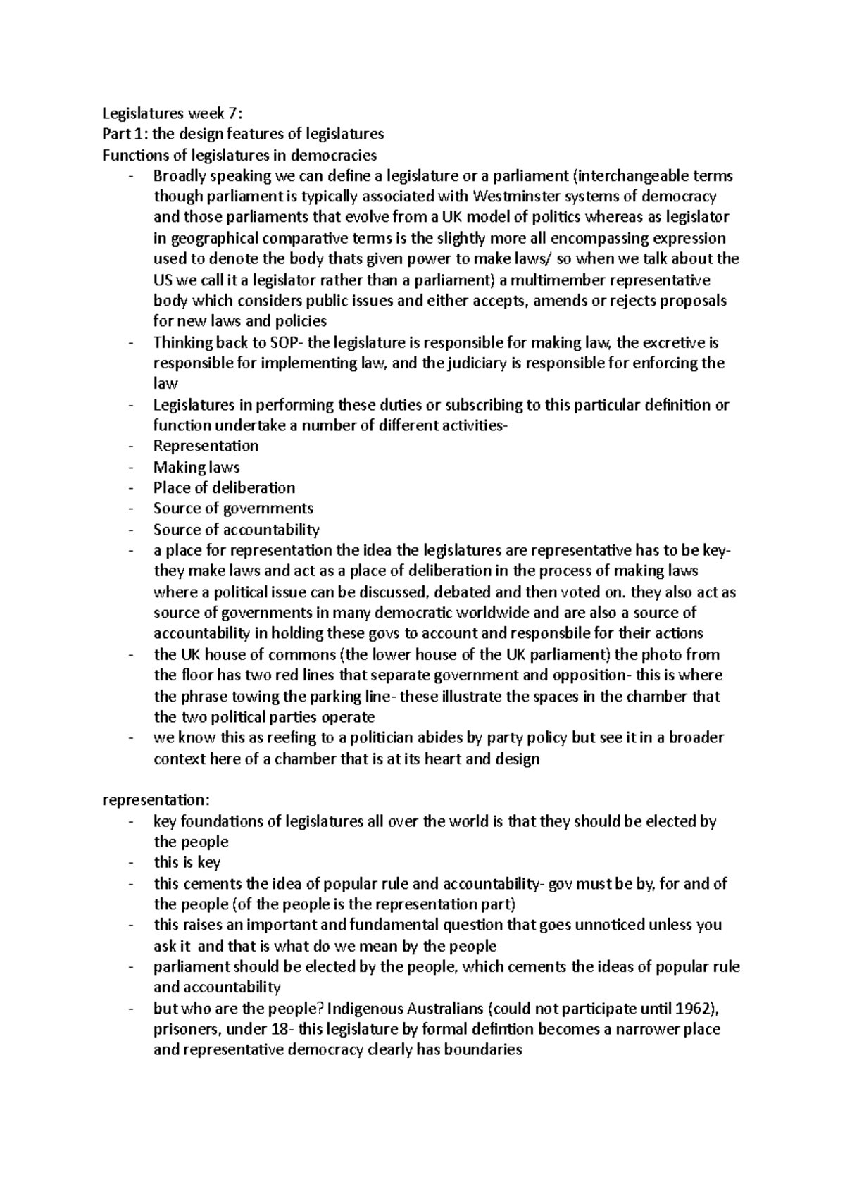 7 Legislatures week 7 - Lecture notes 7 - GOVT1641 - USyd - Studocu