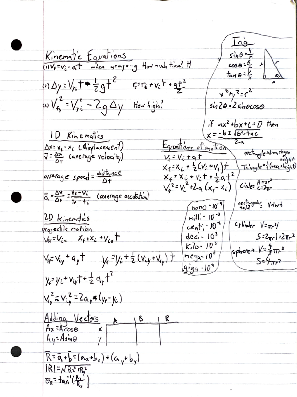 Physics Equation Sheet - Exam 1 - Irig Kinematic Equations when How ...