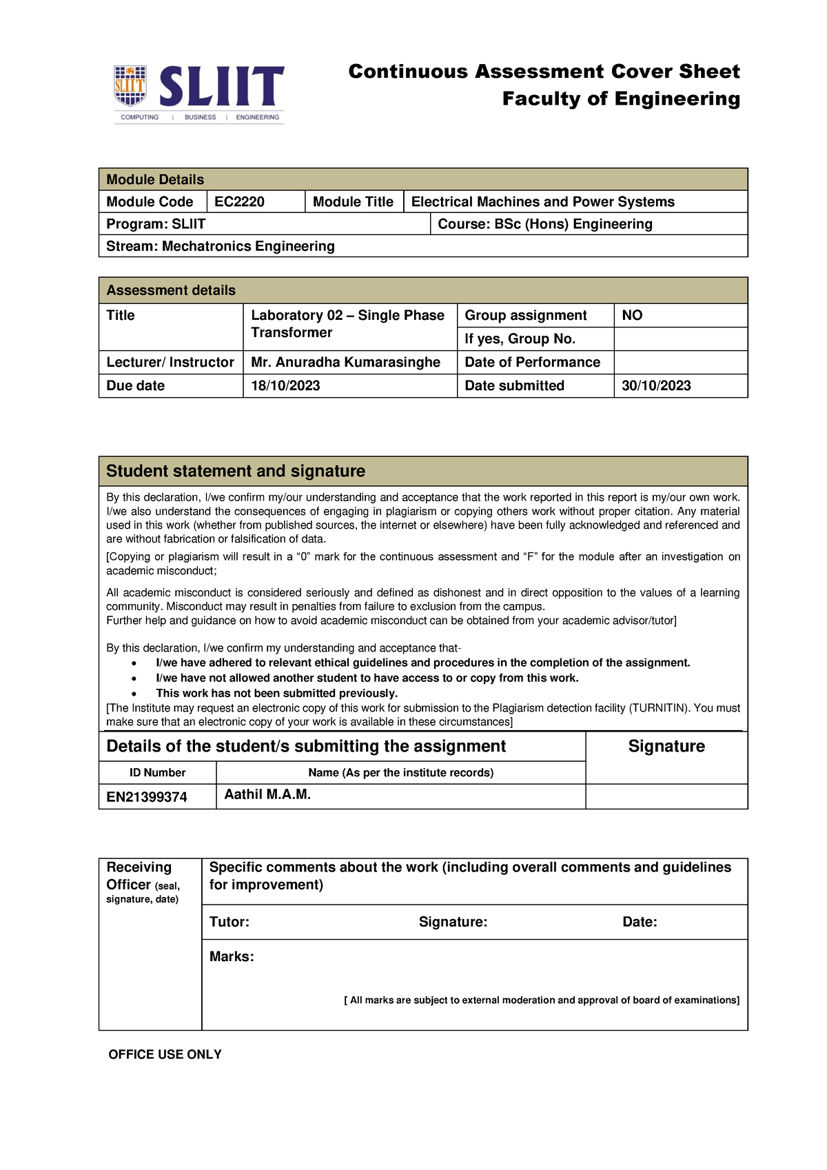 LAB 2 ......................... - Continuous Assessment Cover Sheet ...