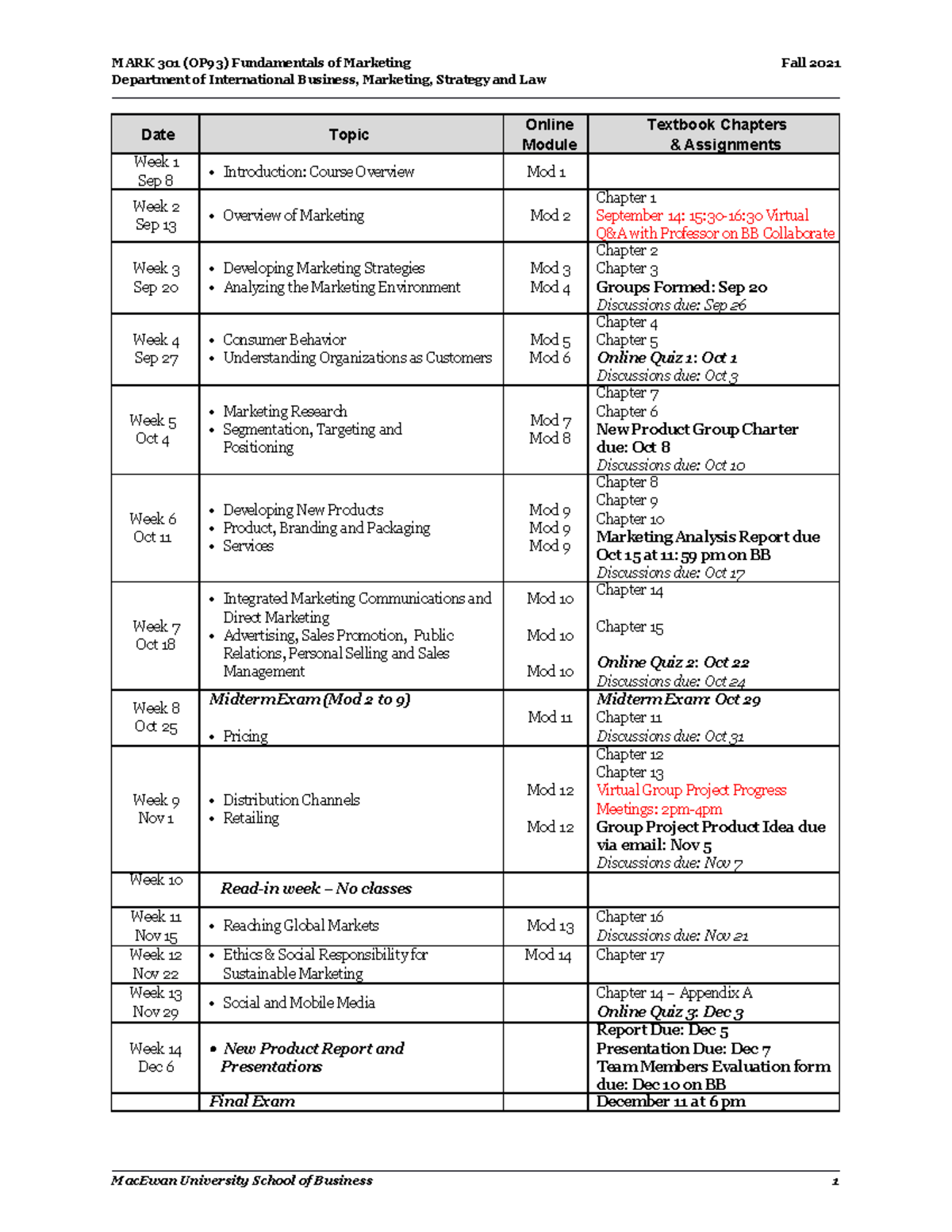 (OP93) Important Dates and Deadlines MARK 301 (OP93) Fundamentals of