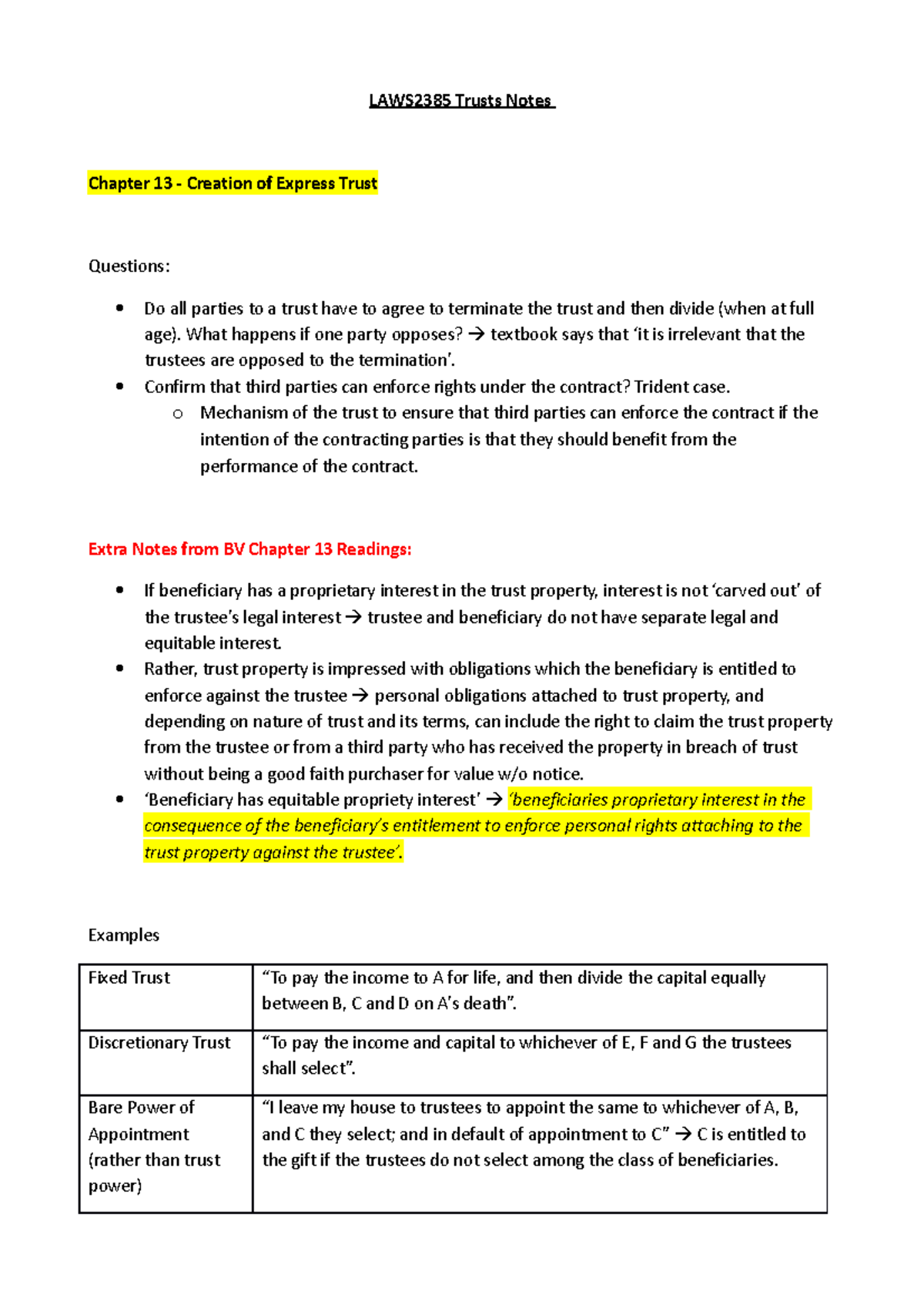Trusts Notes - ALL - LAWS2385 Trusts Notes Chapter 13 - Creation of ...