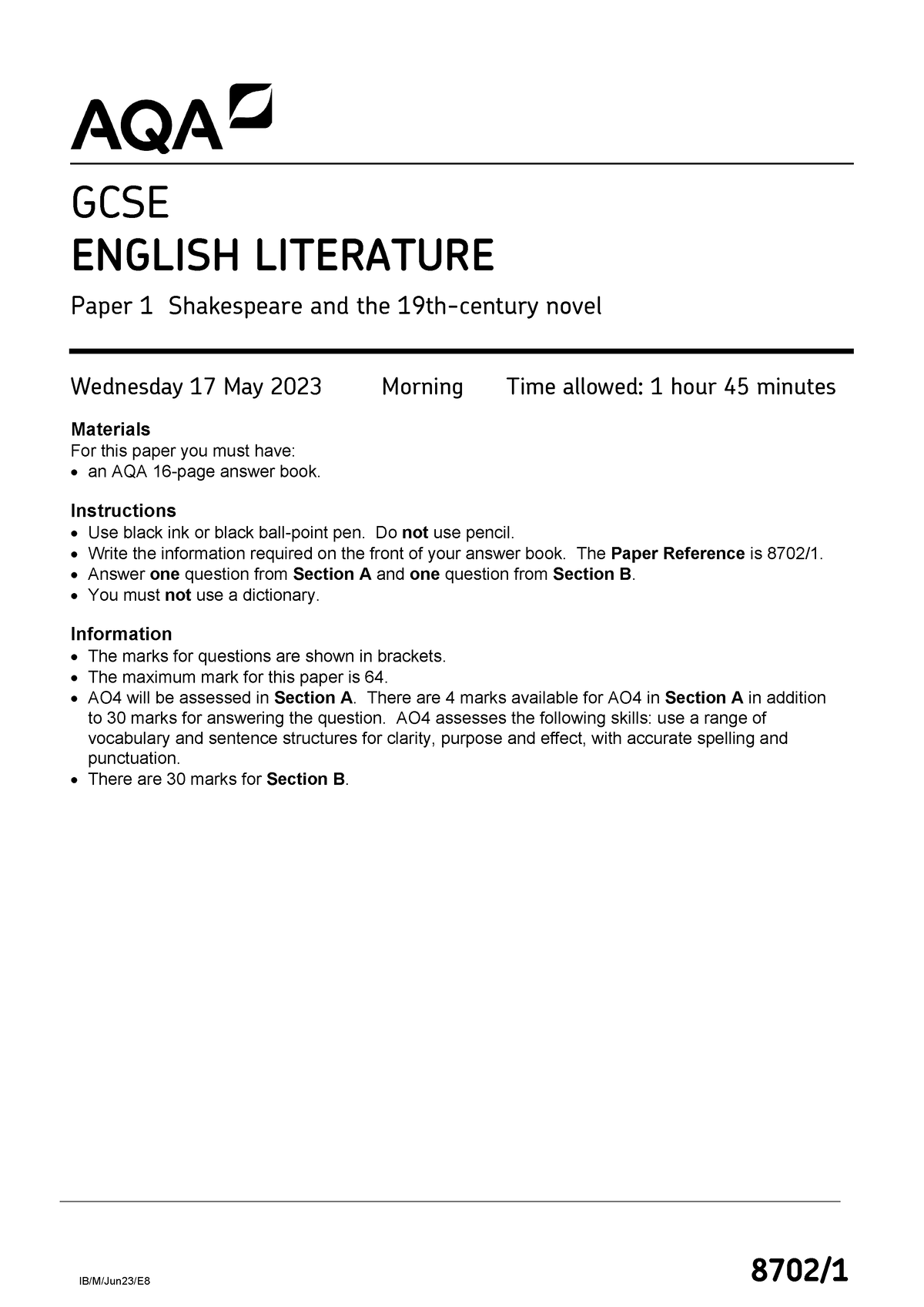 English Literature 2023 Paper 1 IB/M/Jun23/E 8 8702/ Wednesday 17 May