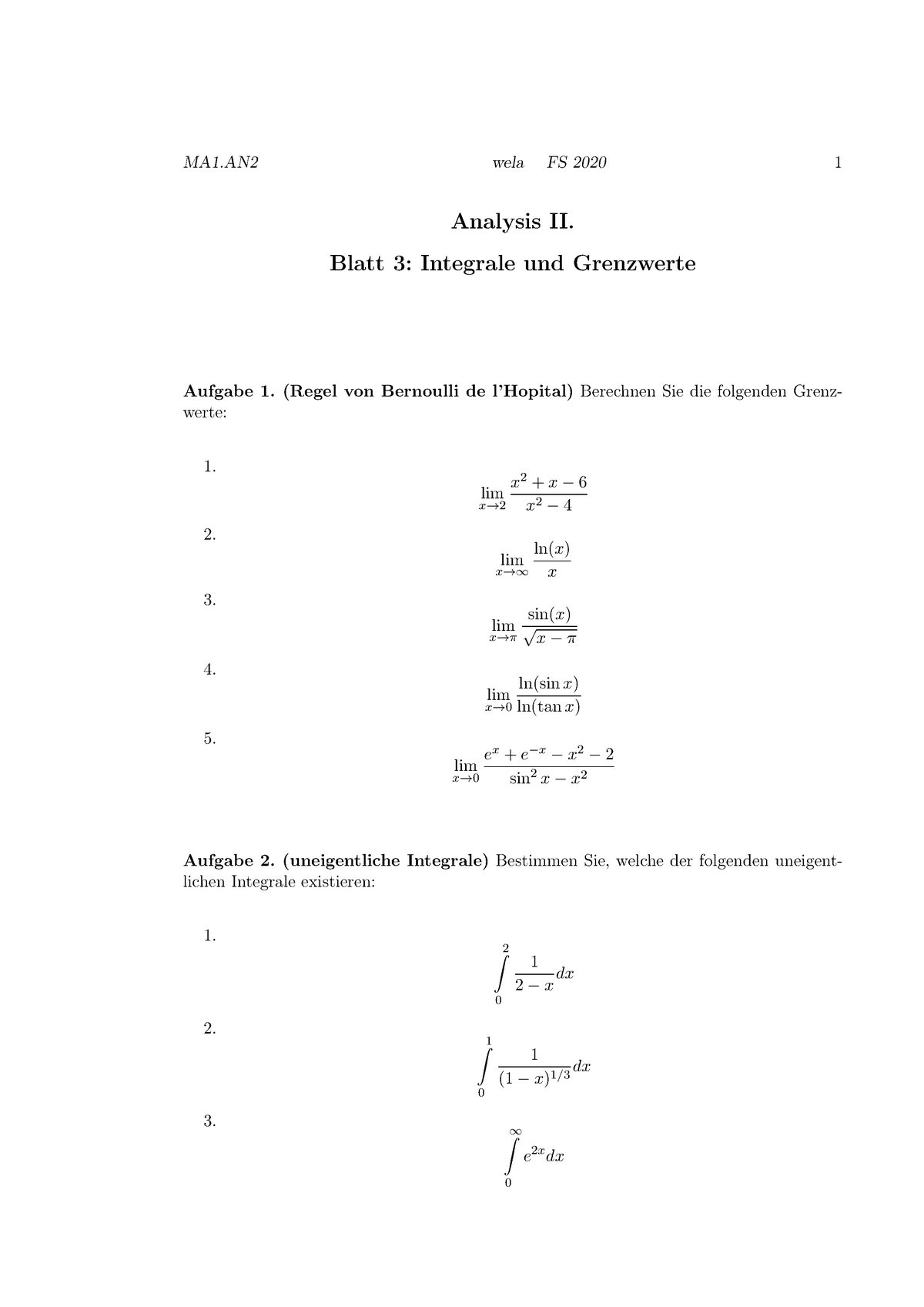 Analysis 2 Blatt Mit Aufgaben 3 Ergebnis - MA1 Wela FS 2020 1 Analysis ...