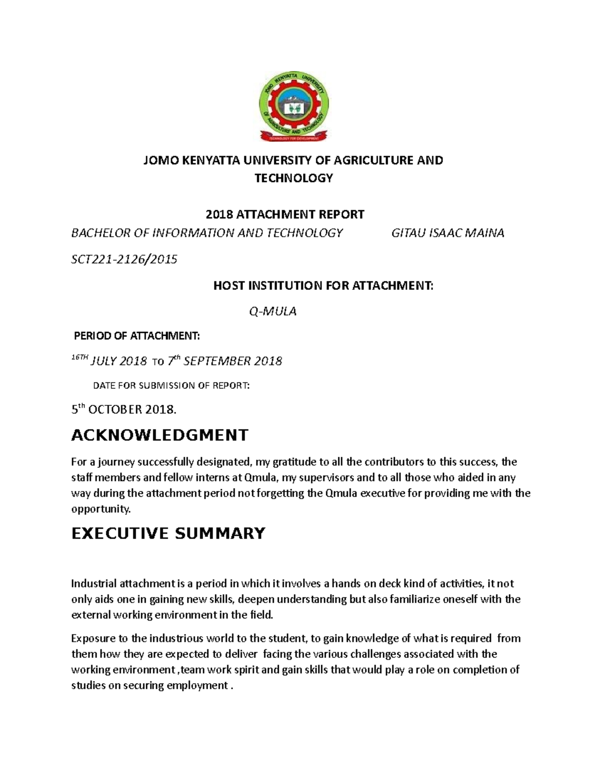 Sichangi Report - JOMO KENYATTA UNIVERSITY OF AGRICULTURE AND 