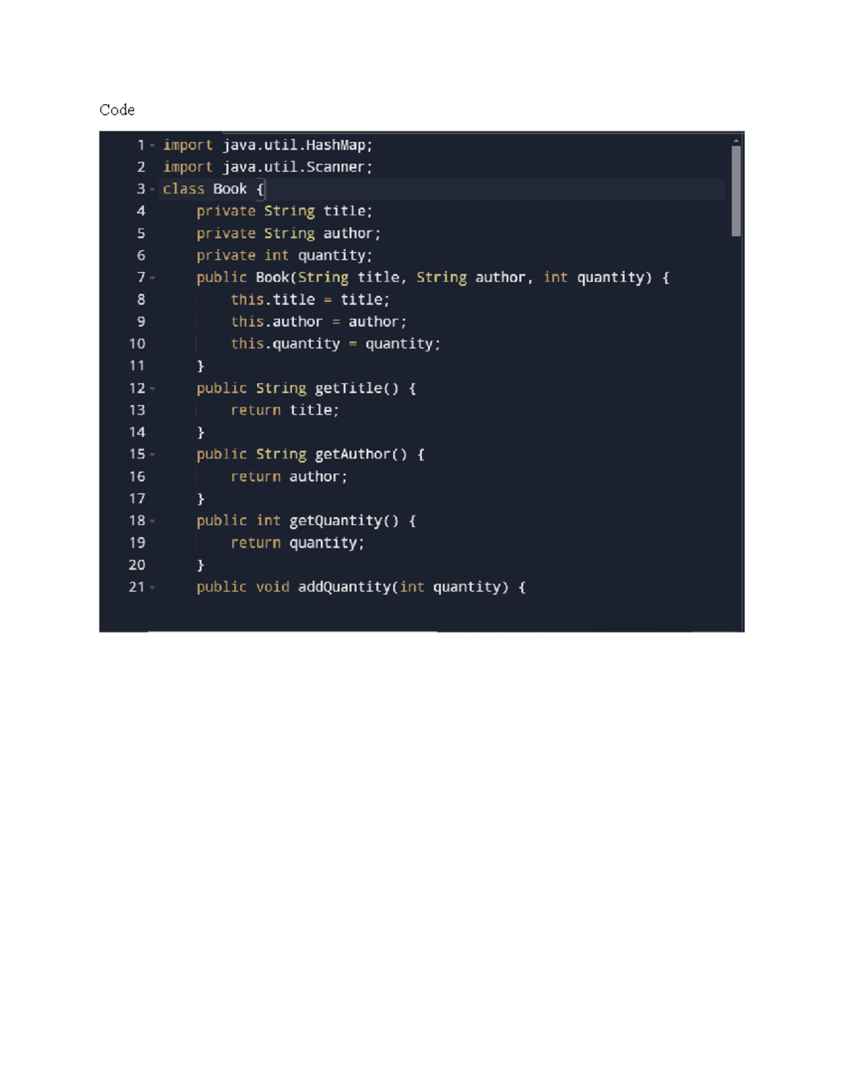 Programing Assignment 2 - Code Book Class: This class models a book in ...