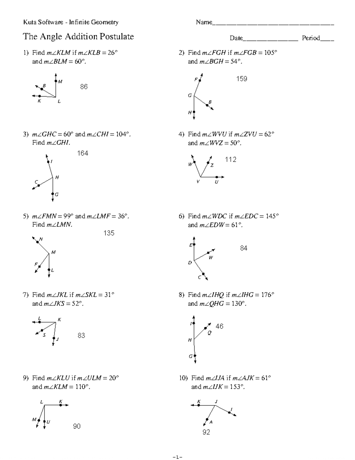 assignment 2 6 angle addition postulate answer key