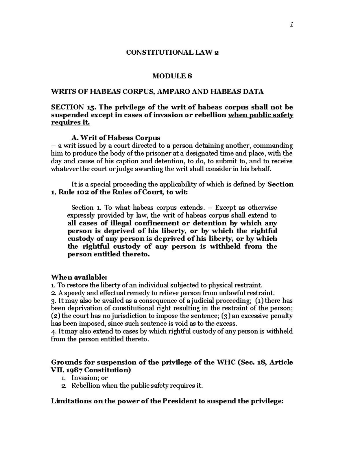 Module+8 - Notes - CONSTITUTIONAL LAW 2 MODULE 8 WRITS OF HABEAS CORPUS ...