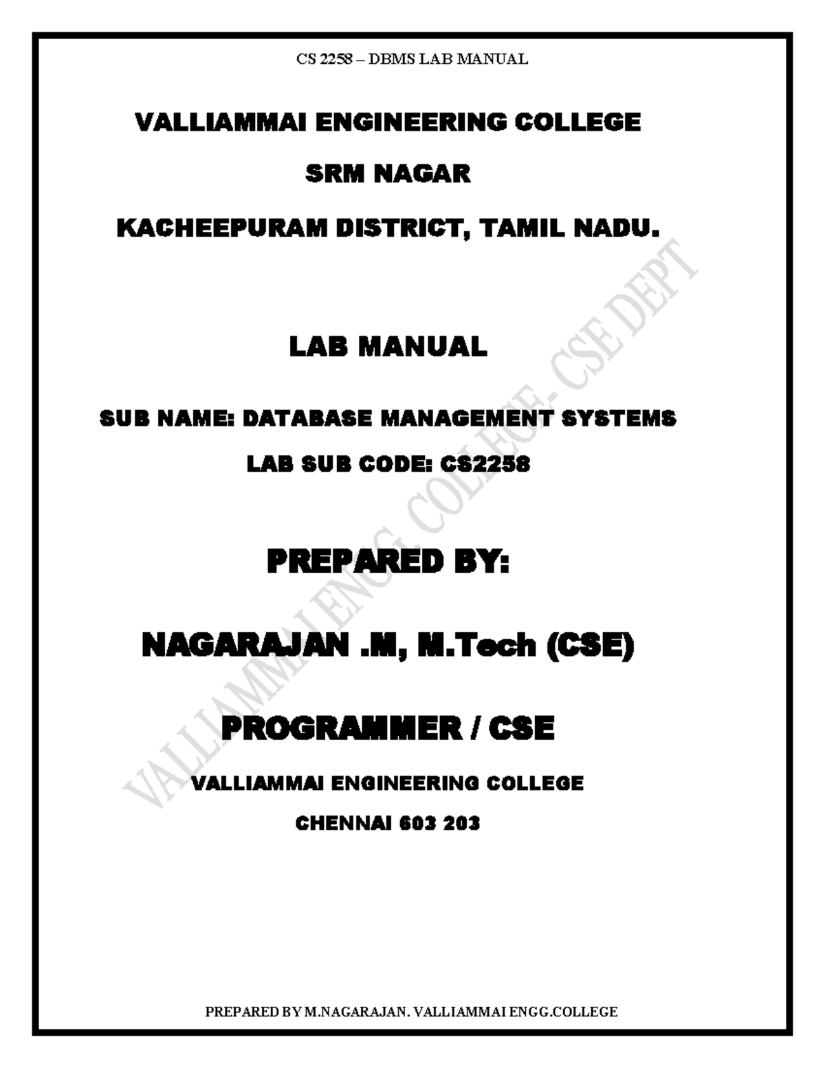 DBMS LAB Manuals VALLIAMMAI ENGINEERING COLLEGE SRM NAGAR KACHEEPURAM