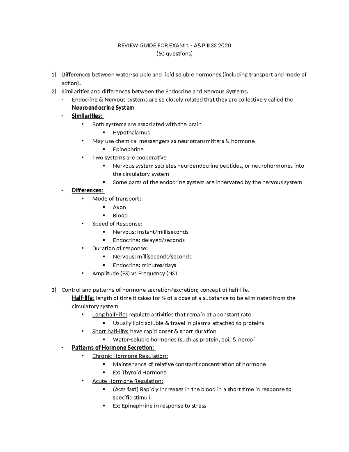 Exam 1 Review Guide - REVIEW GUIDE FOR EXAM 1 - A&P II SS 2020 (50 ...