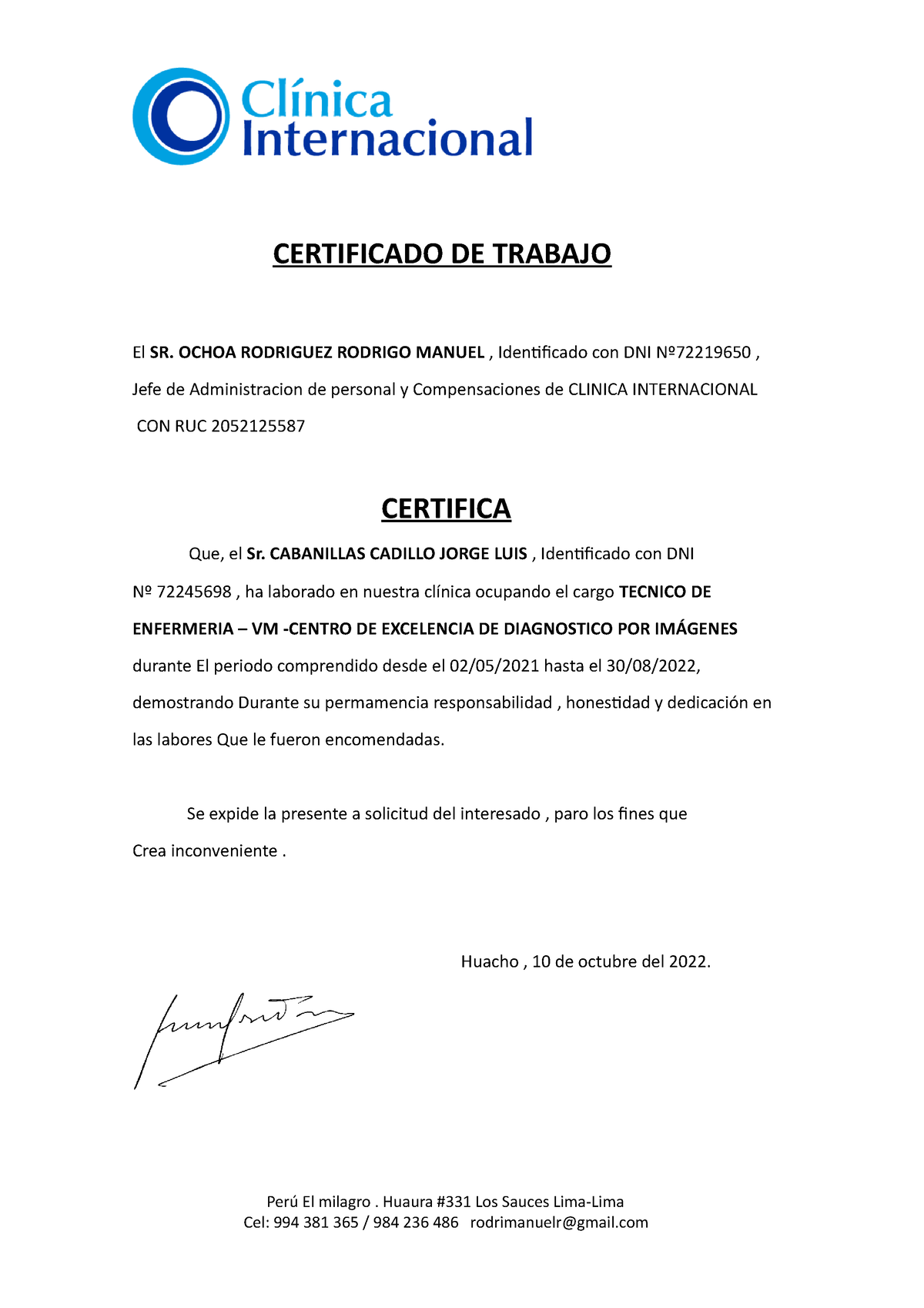 Certificado De Trabajo Certificado De Trabajo El Sr Ochoa Rodriguez