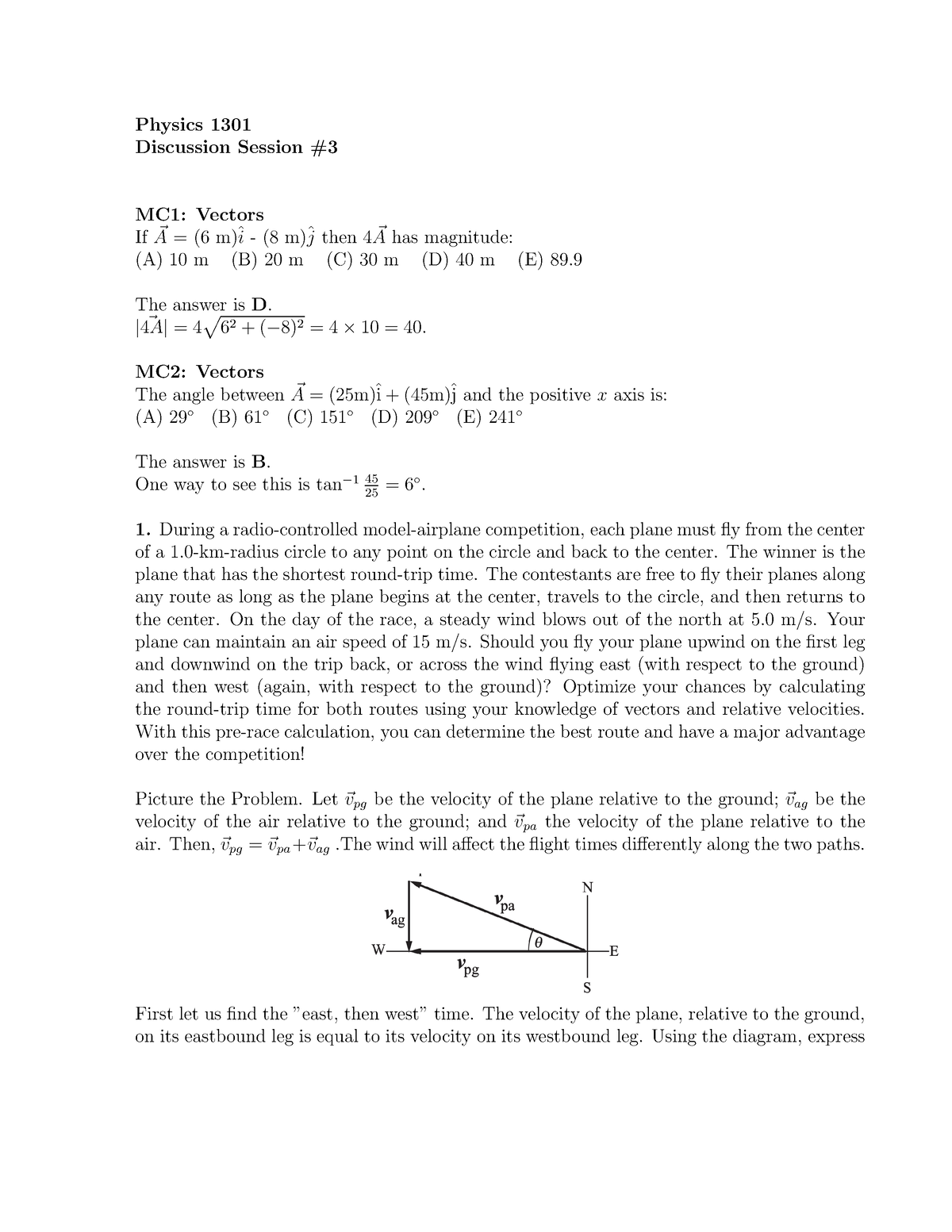 Discussion 3-Sol - Physics 1301 Discussion Session # MC1: Vectors If A⃗ ...