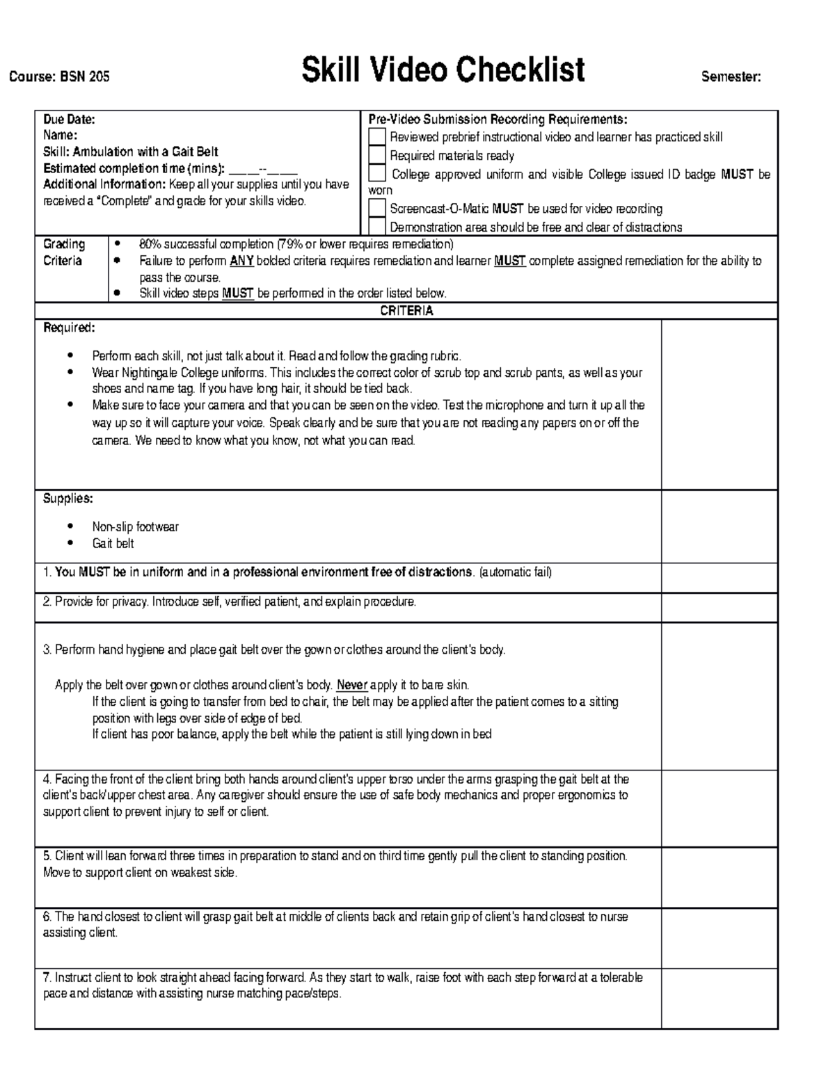 Ambulating with a Gait Belt Checklist BNS266 Studocu