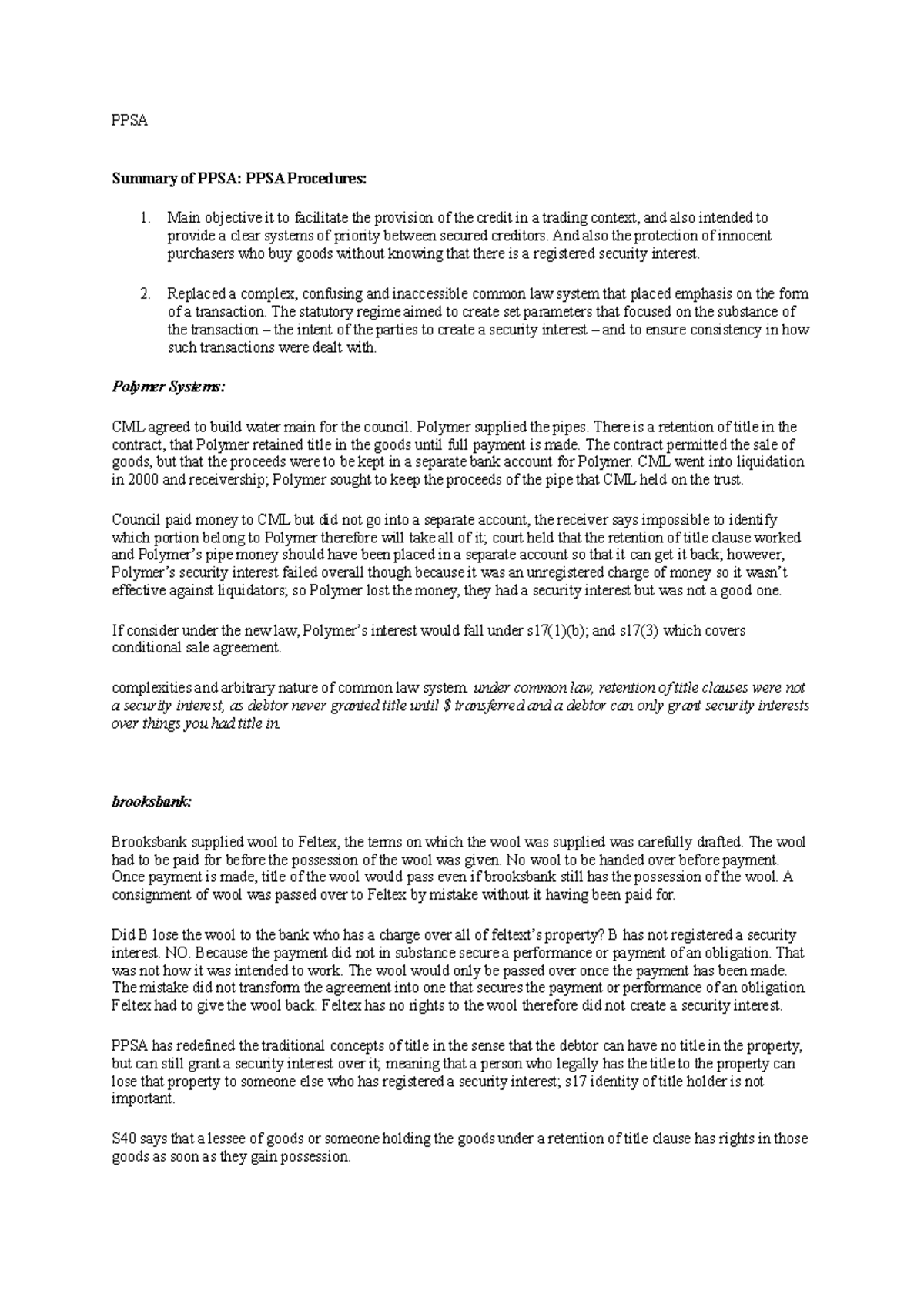 Ppsa - Cheatsheet - Ppsa Summary Of Ppsa: Ppsa Procedures: Main 