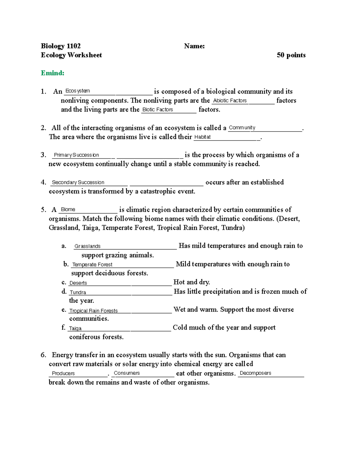 Ecology Lab Worksheet Biology 1102 Name Ecology Worksheet 50 Points