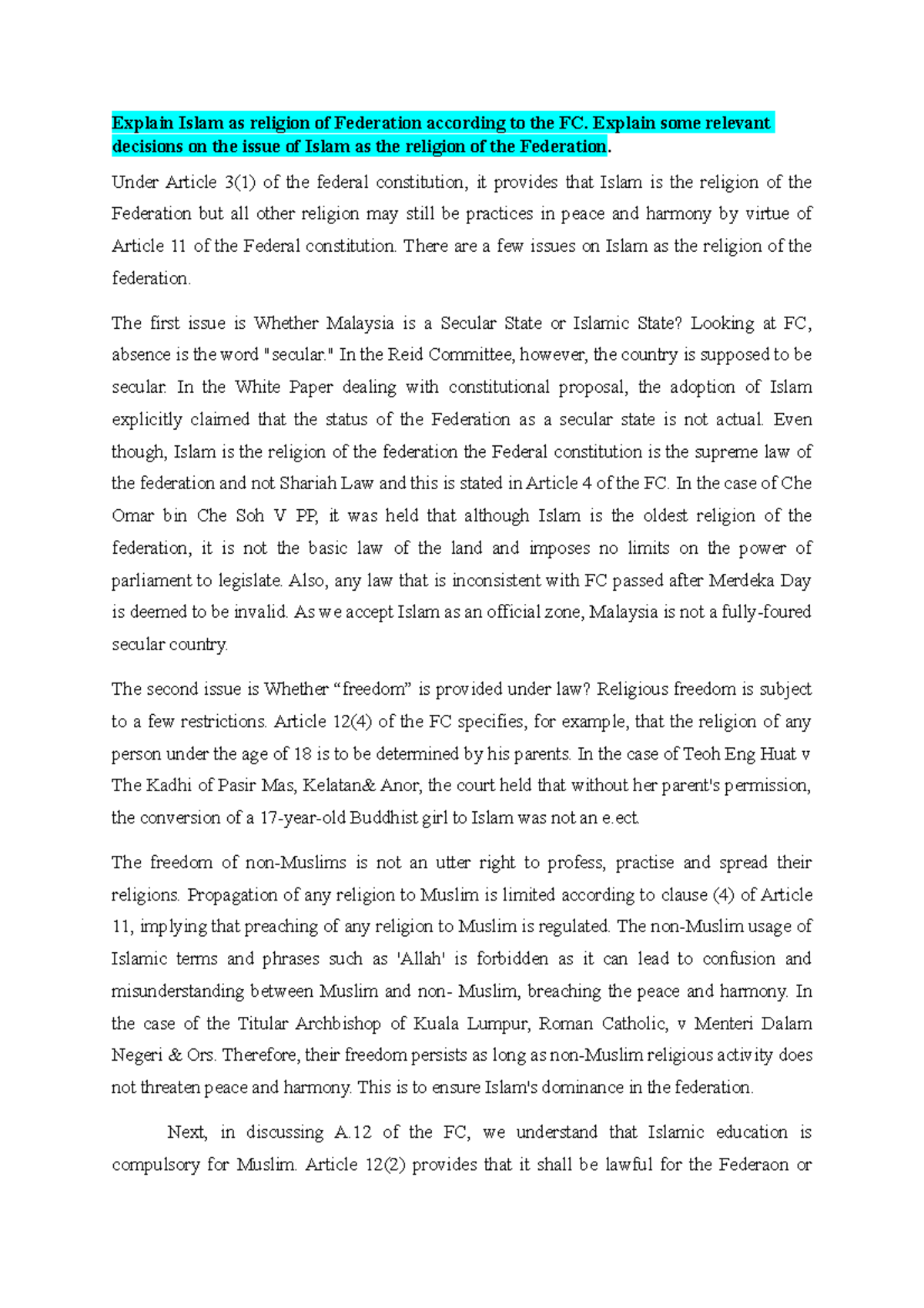 Explain Islam As Religion Of Federation According To The FC Explain 