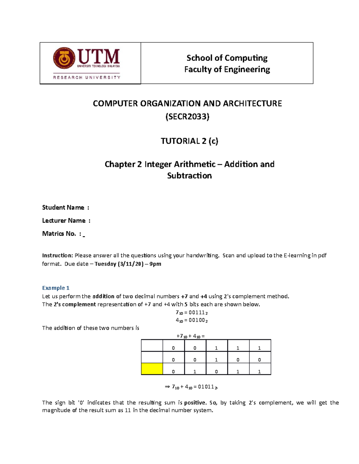 Tutorial 2 (c) Addition and Subtraction - COMPUTER ORGANIZATION AND ...
