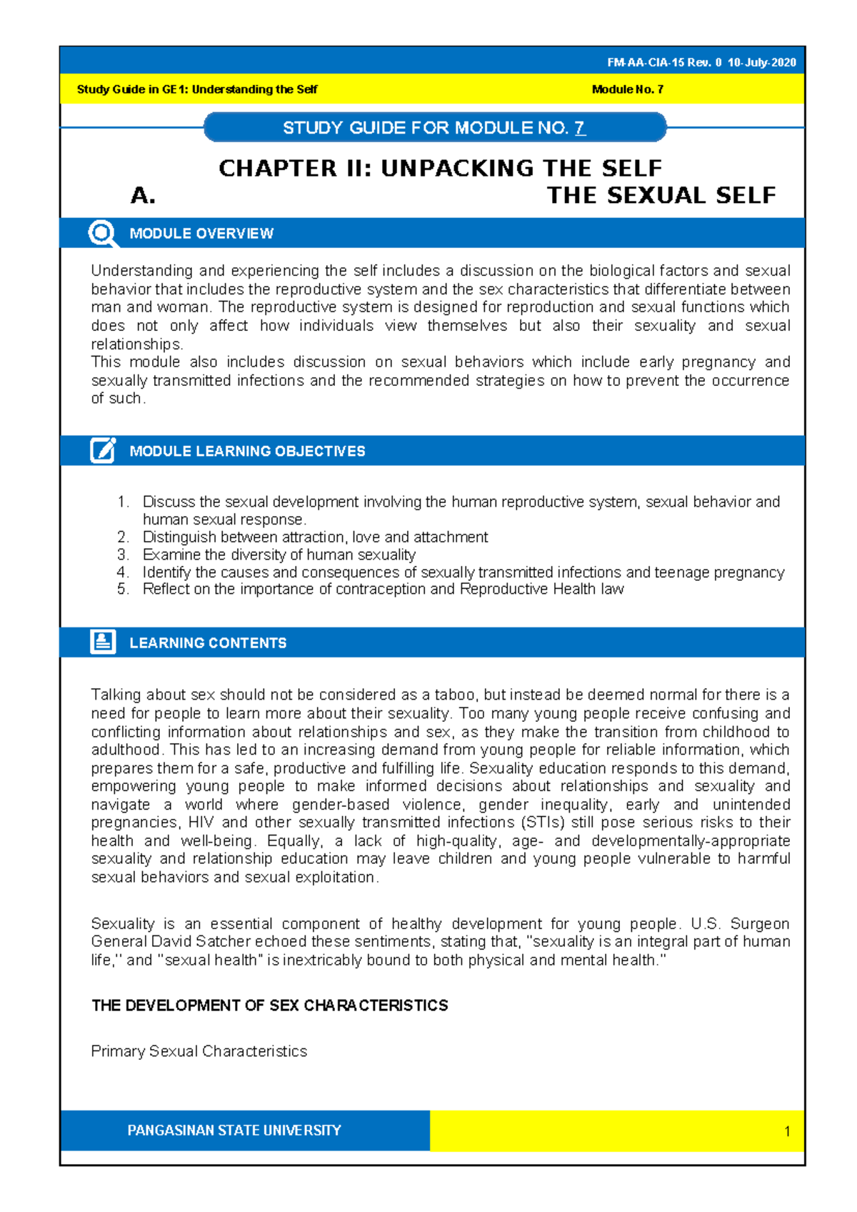 GE1 Module 7 - Sexual Self2 - STUDY GUIDE FOR MODULE NO. 7 Study Guide ...