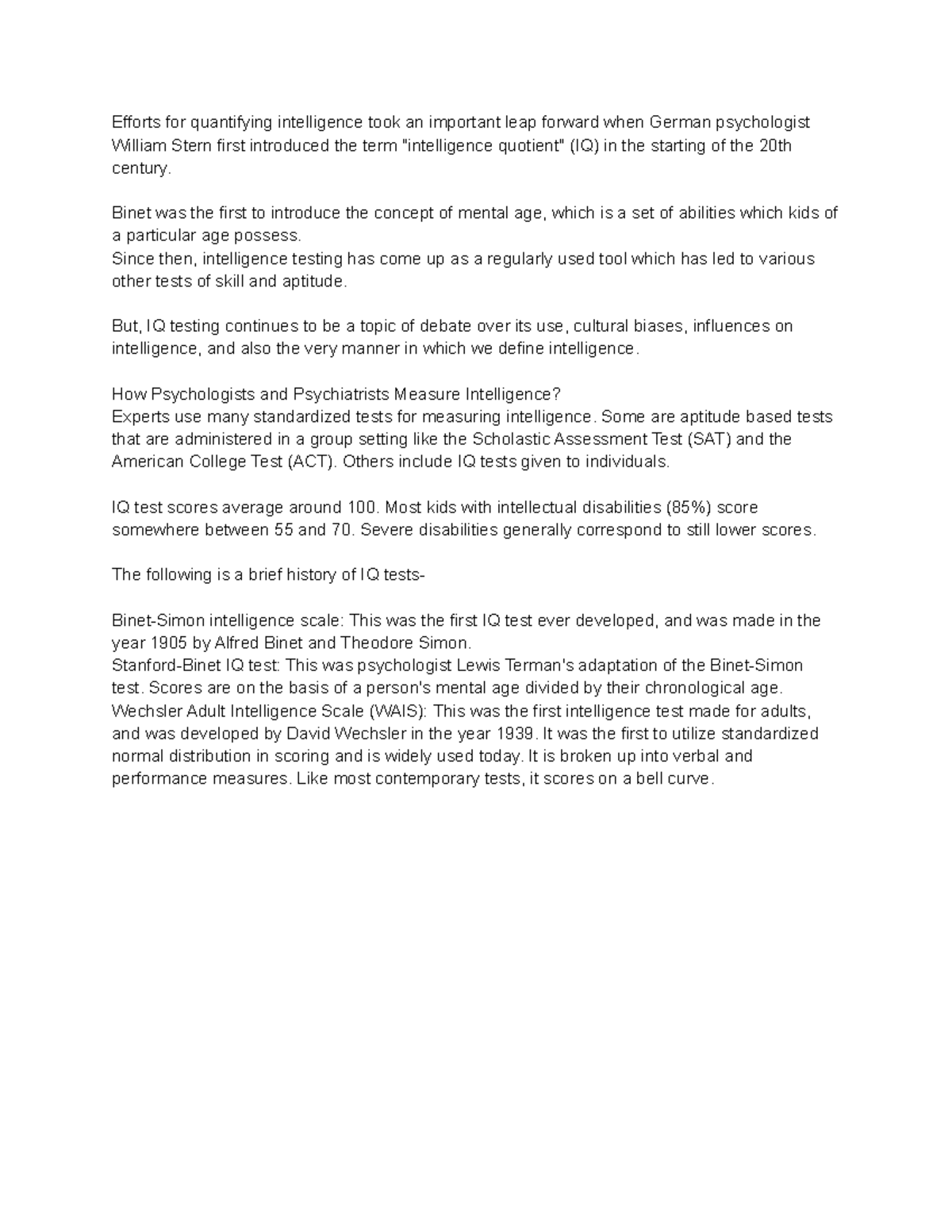 IQ - notes on iq - Efforts for quantifying intelligence took an ...