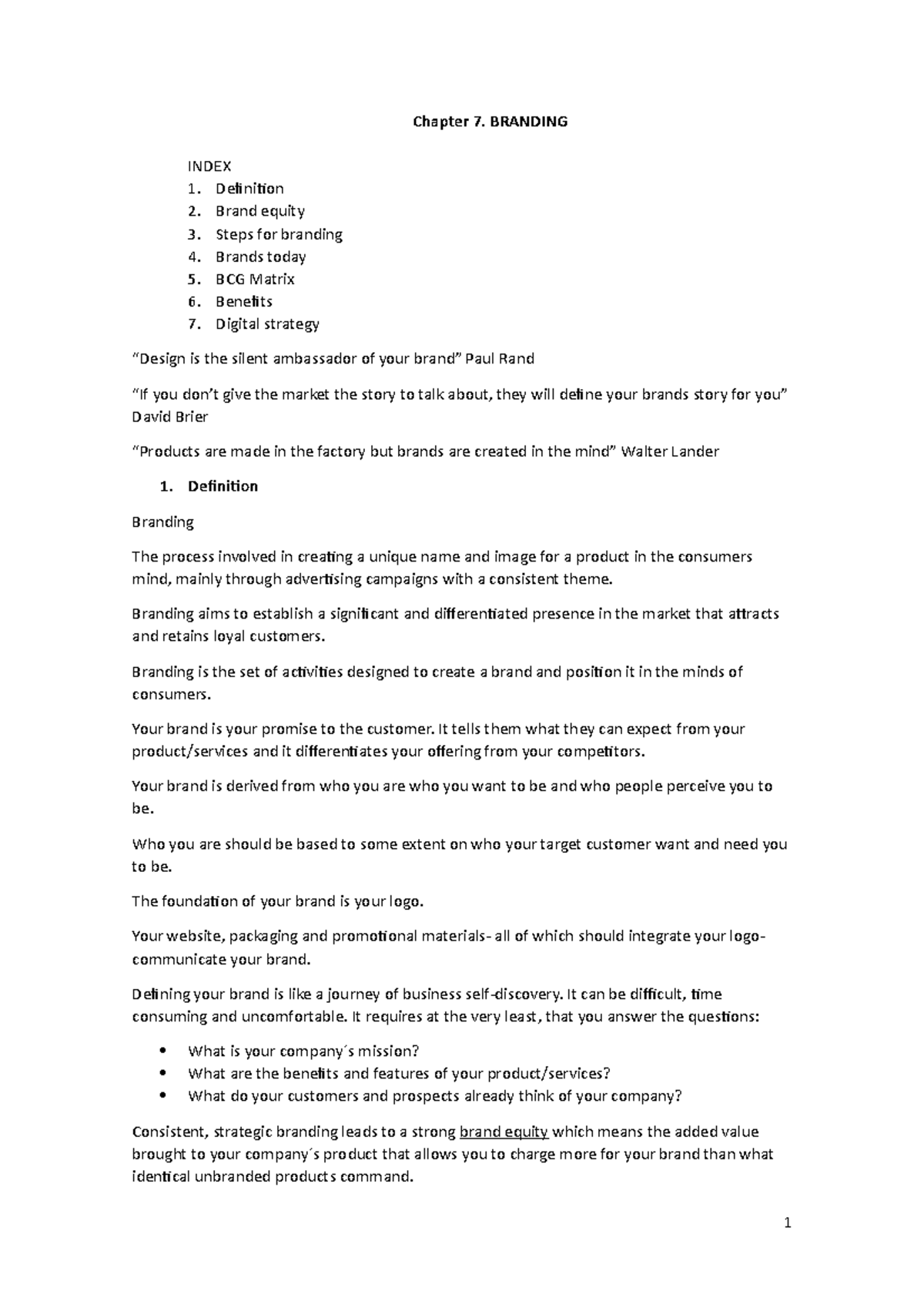 Topic 7 I&B - Apuntes 7 - Chapter 7. BRANDING INDEX Definition Brand ...