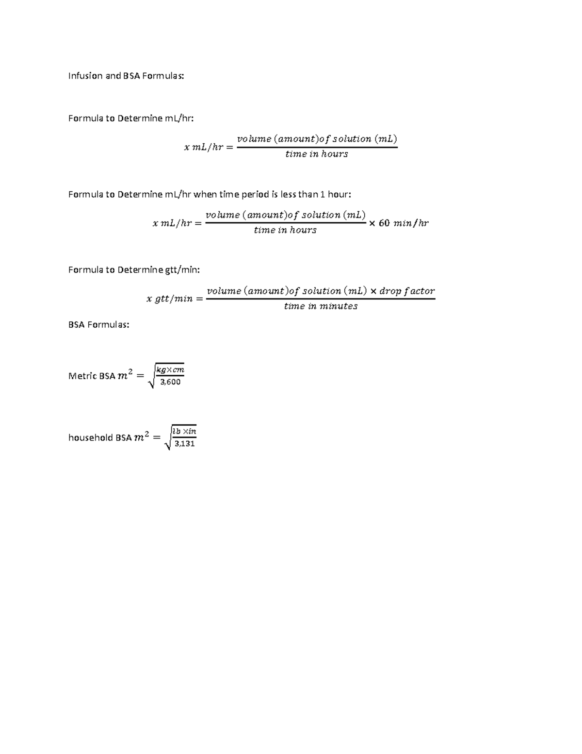 Infusion and BSA formulas - Infusion and BSA Formulas: Formula to ...