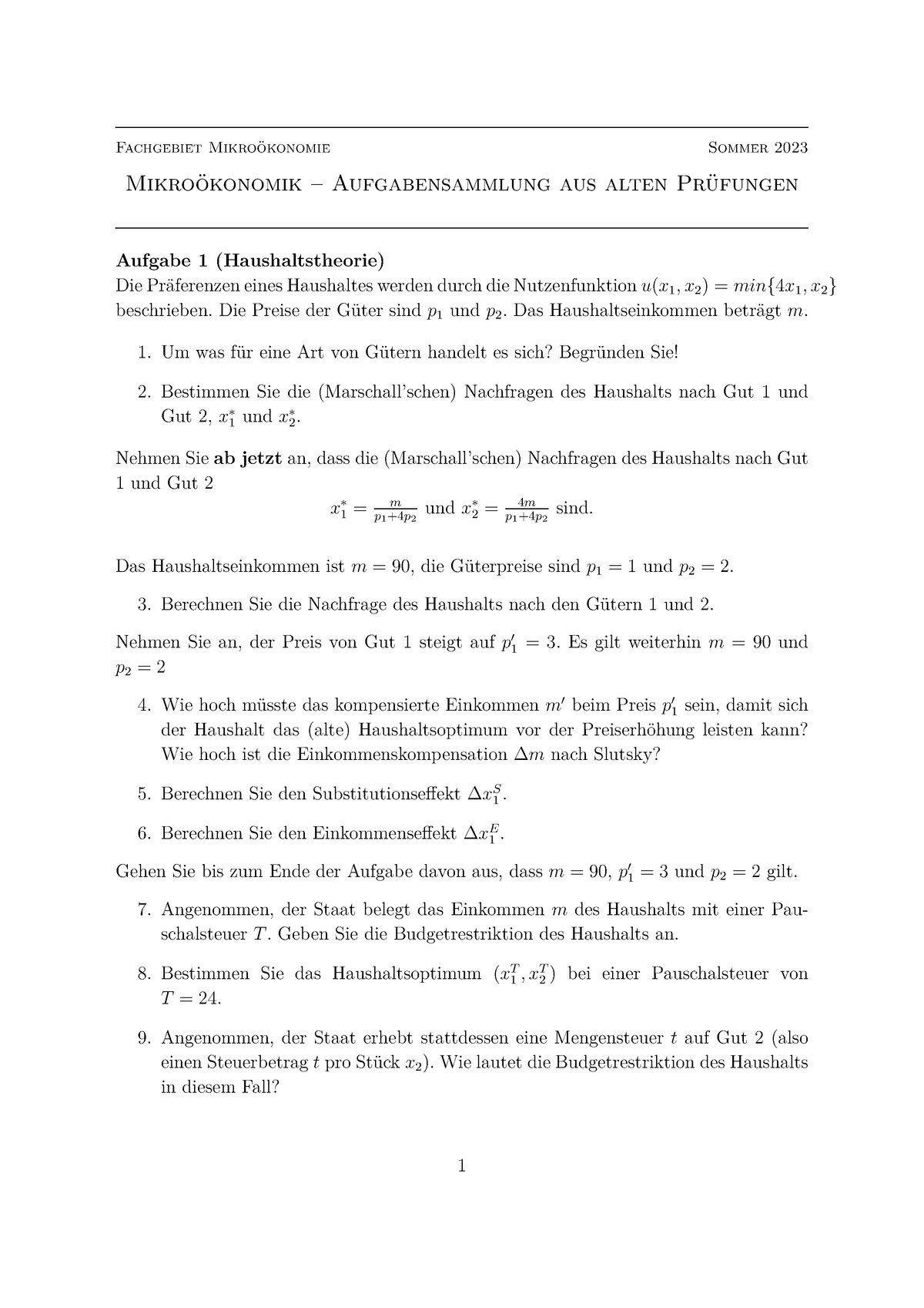 Aufgabensammlung - Aufgaben - Fachgebiet Mikroökonomie Sommer 2023 ...