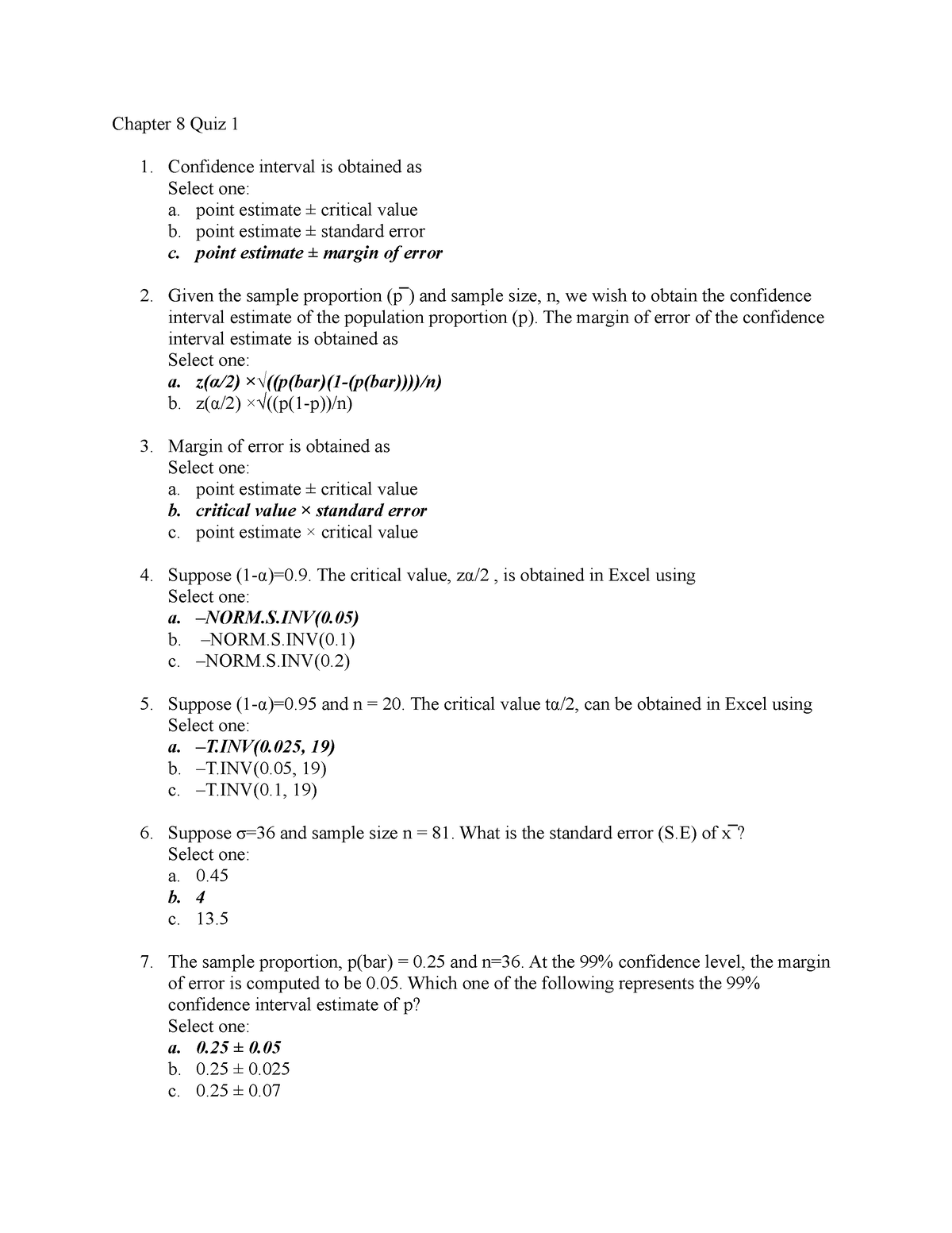 Chapter 8 Quiz - Midterm 2 mock test - Chapter 8 Quiz 1 1. Confidence ...