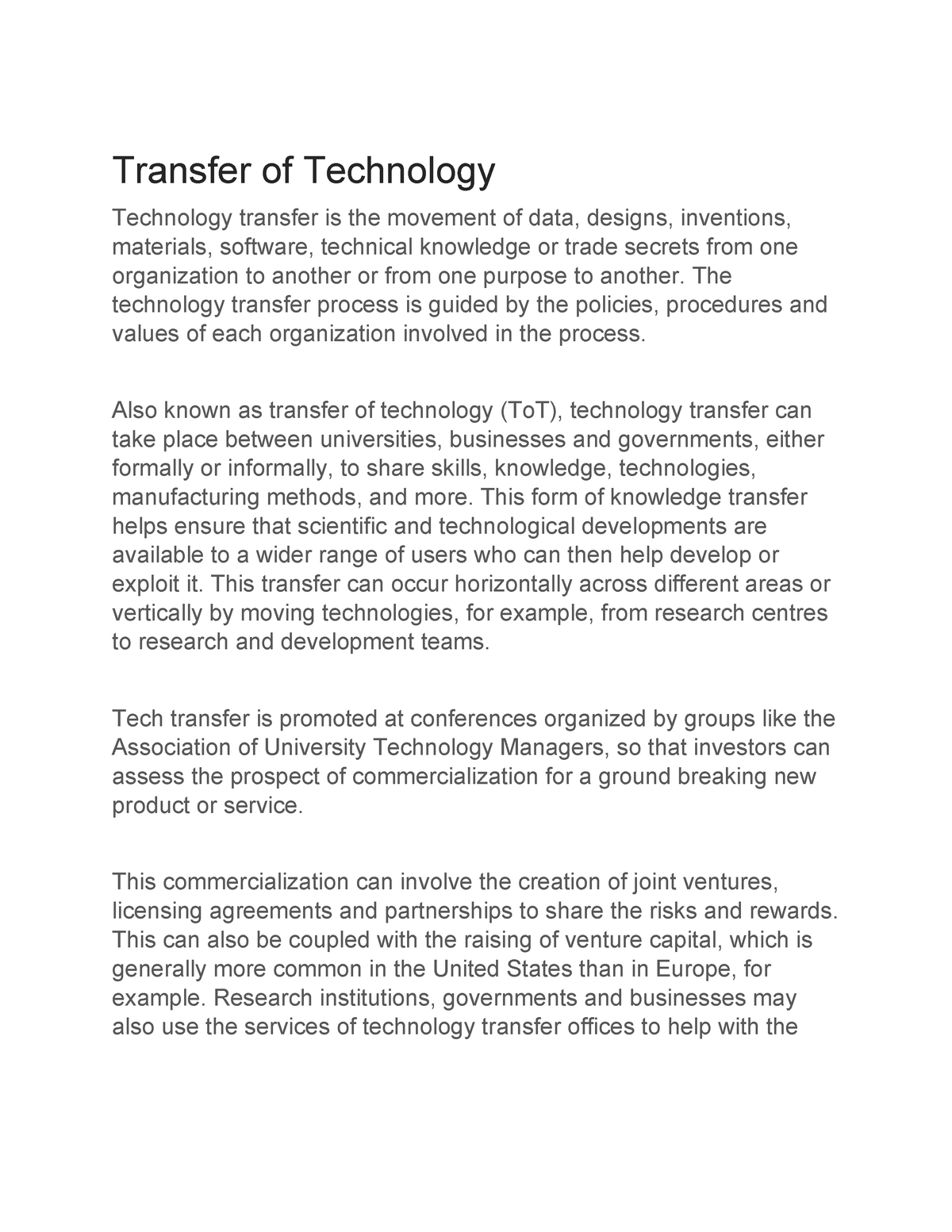 research paper on transfer of technology