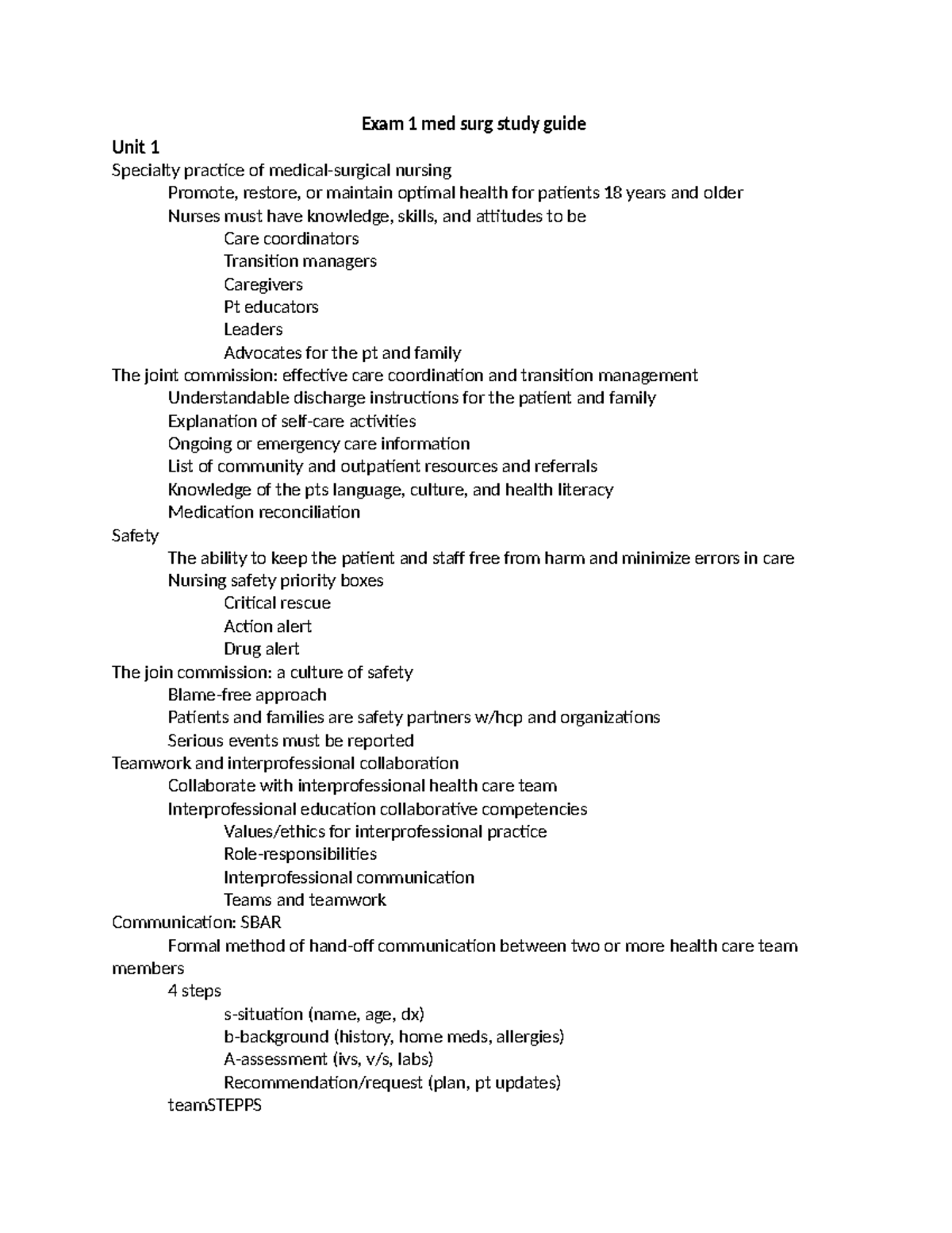 Exam 1 med surg study guide - Exam 1 med surg study guide Unit 1 ...