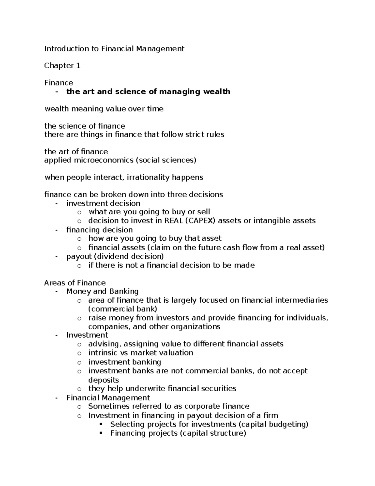 FI 302 - all notes leading up until exam 1 - Introduction to Financial ...