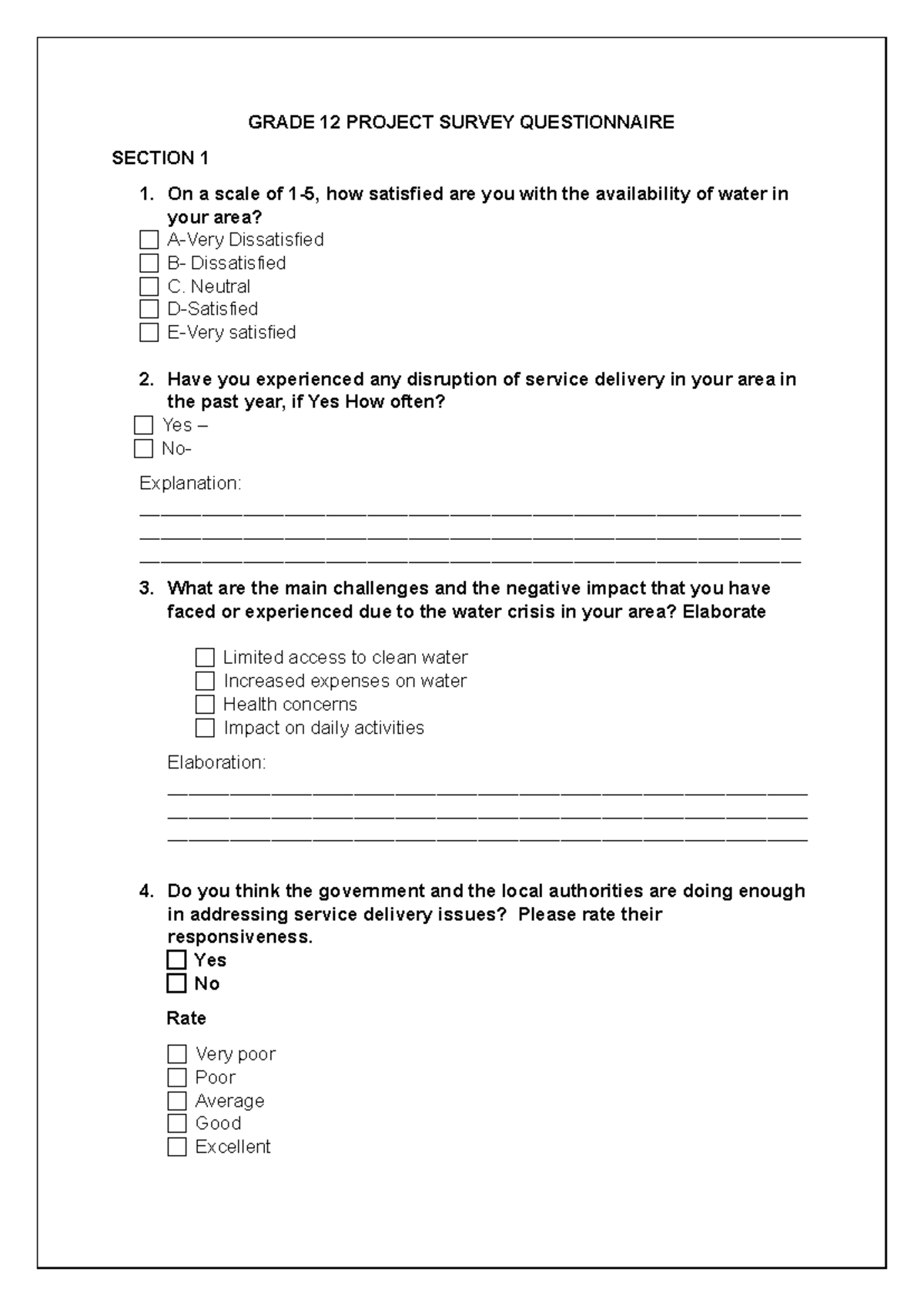 Gr12 Project Questionnaires - GRADE 12 PROJECT SURVEY QUESTIONNAIRE ...