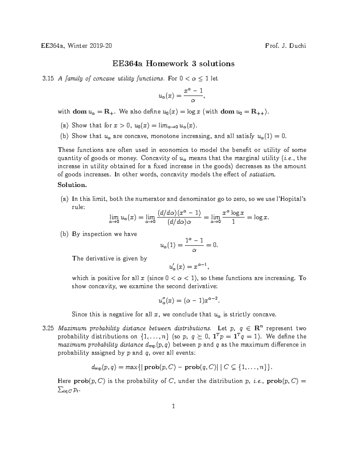 2020 Hw3sol - Hw3 - EE364a, Winter 2019-20 Prof. J. Duchi EE364a ...