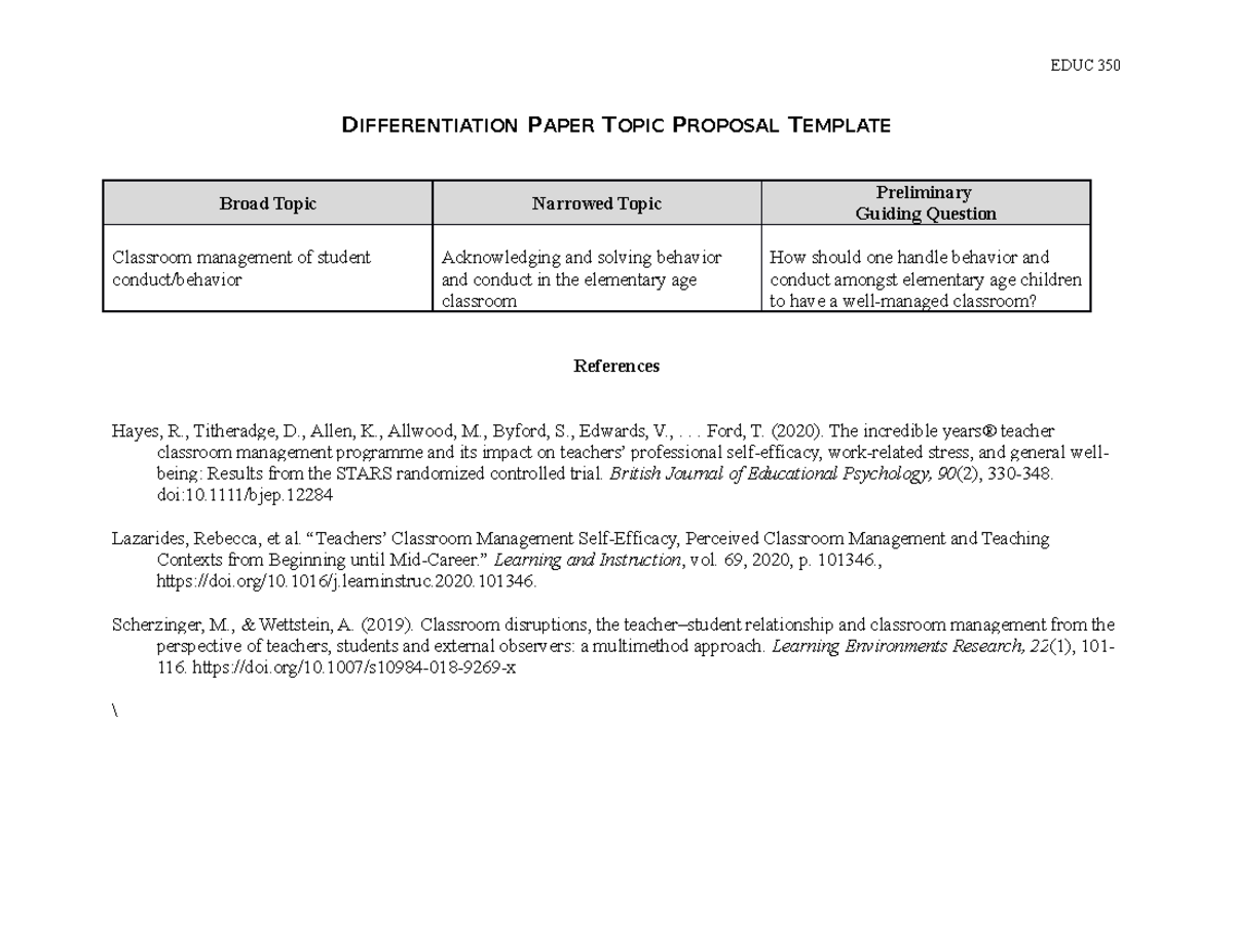 New Differentiation Paper Topic Proposal Template Educ