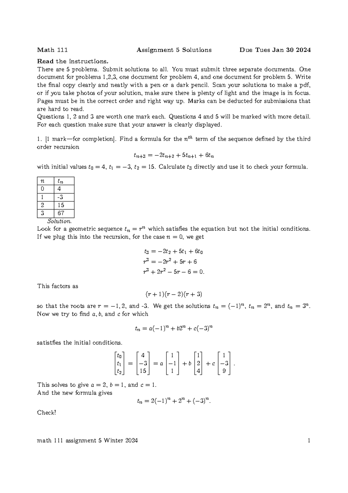 A5-2024 Solutions - Math 111 Assignment 5 Solutions Due Tues Jan 30 ...