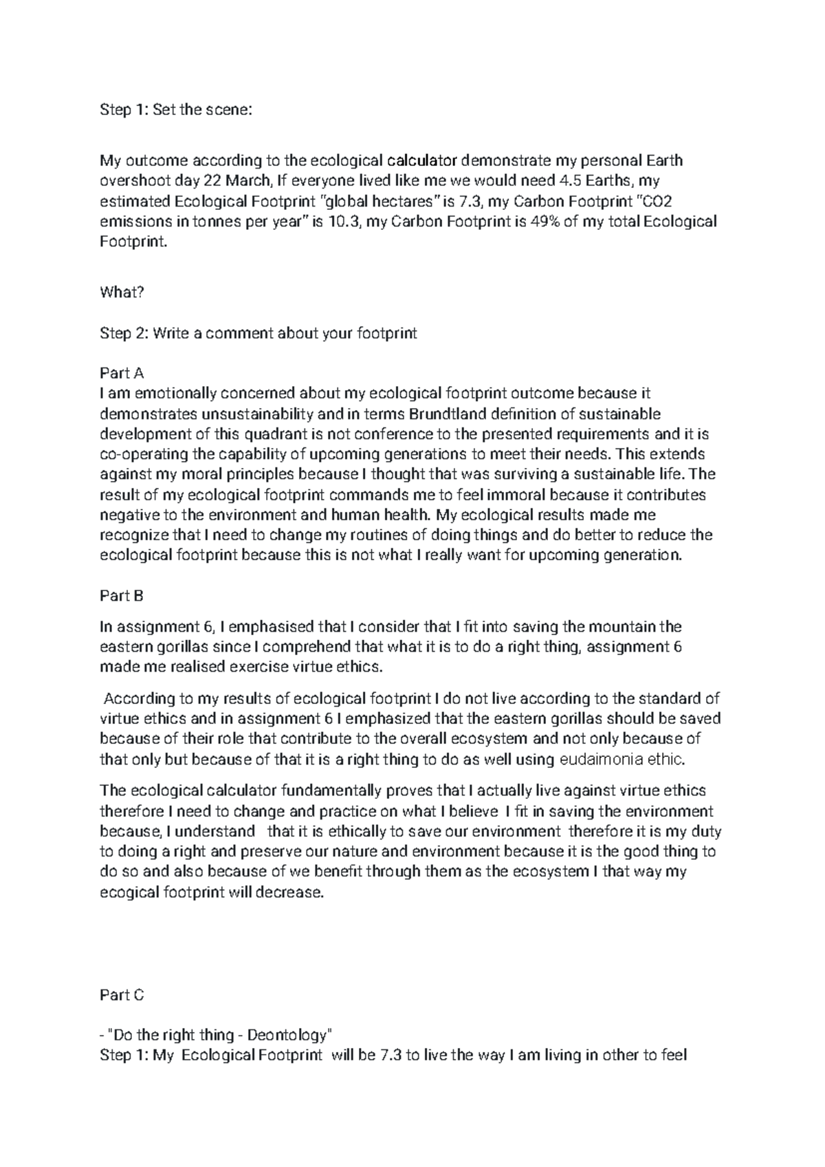 SUS1501 - ASSIGNMENT - Step 1: Set the scene: My outcome according to ...