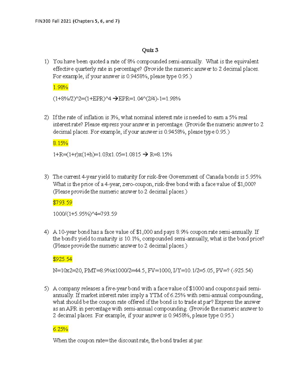 FIN 300 Quiz 3 Answers - Fin 300 - Managerial Finance I - Ryerson - StuDocu