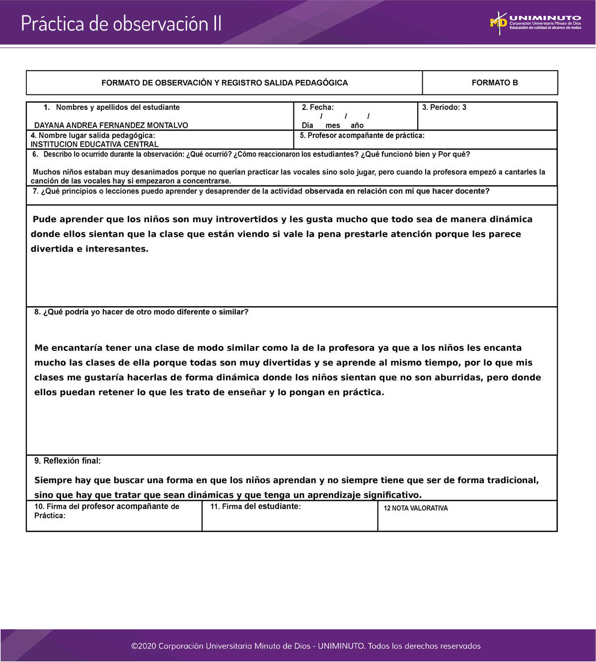 Formato B - FORMATO DE OBSERVACIÓN Y REGISTRO SALIDA PEDAGÓGICA FORMATO ...