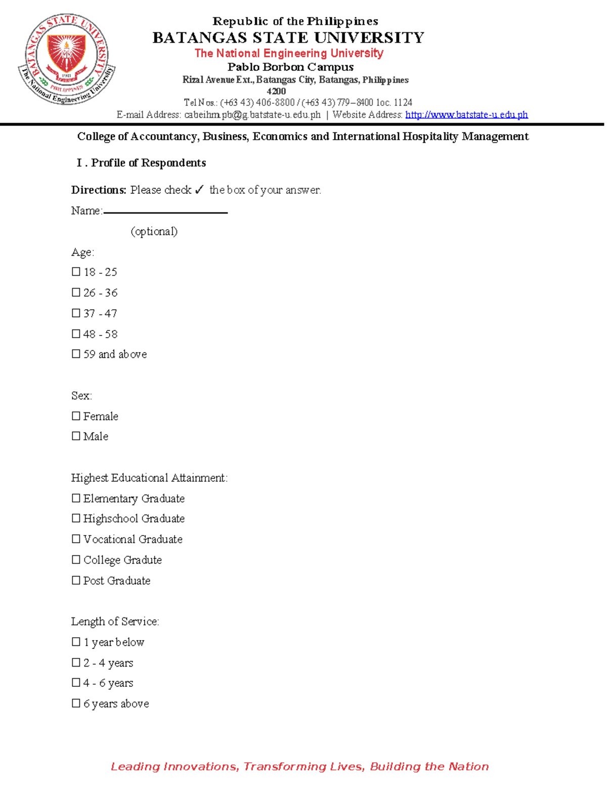 Questionnaire-survey - BATANGAS STATE UNIVERSITY The National ...