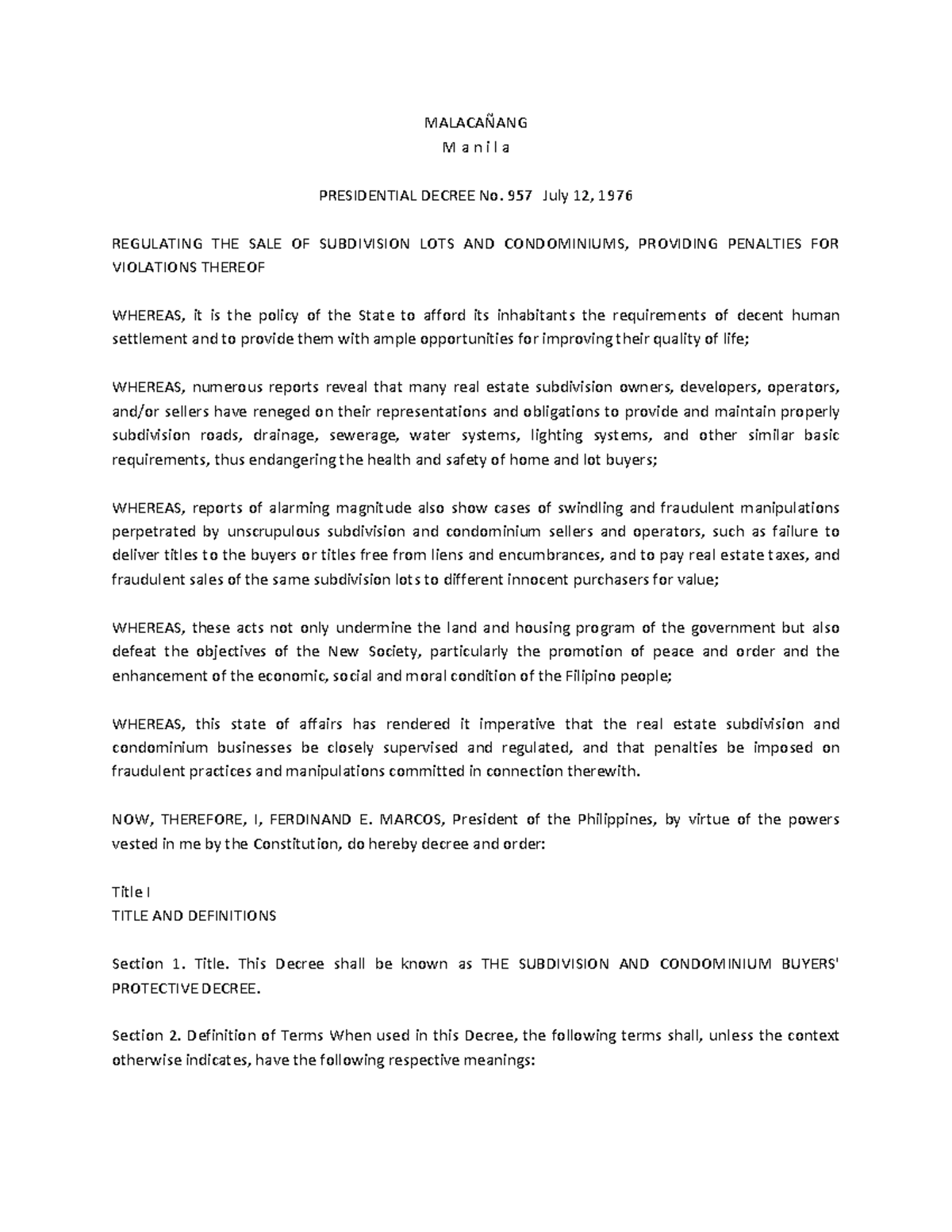 PD 957 - Sale of Subdivision Lots and Condominiums - MALACAÑANG M a n i ...