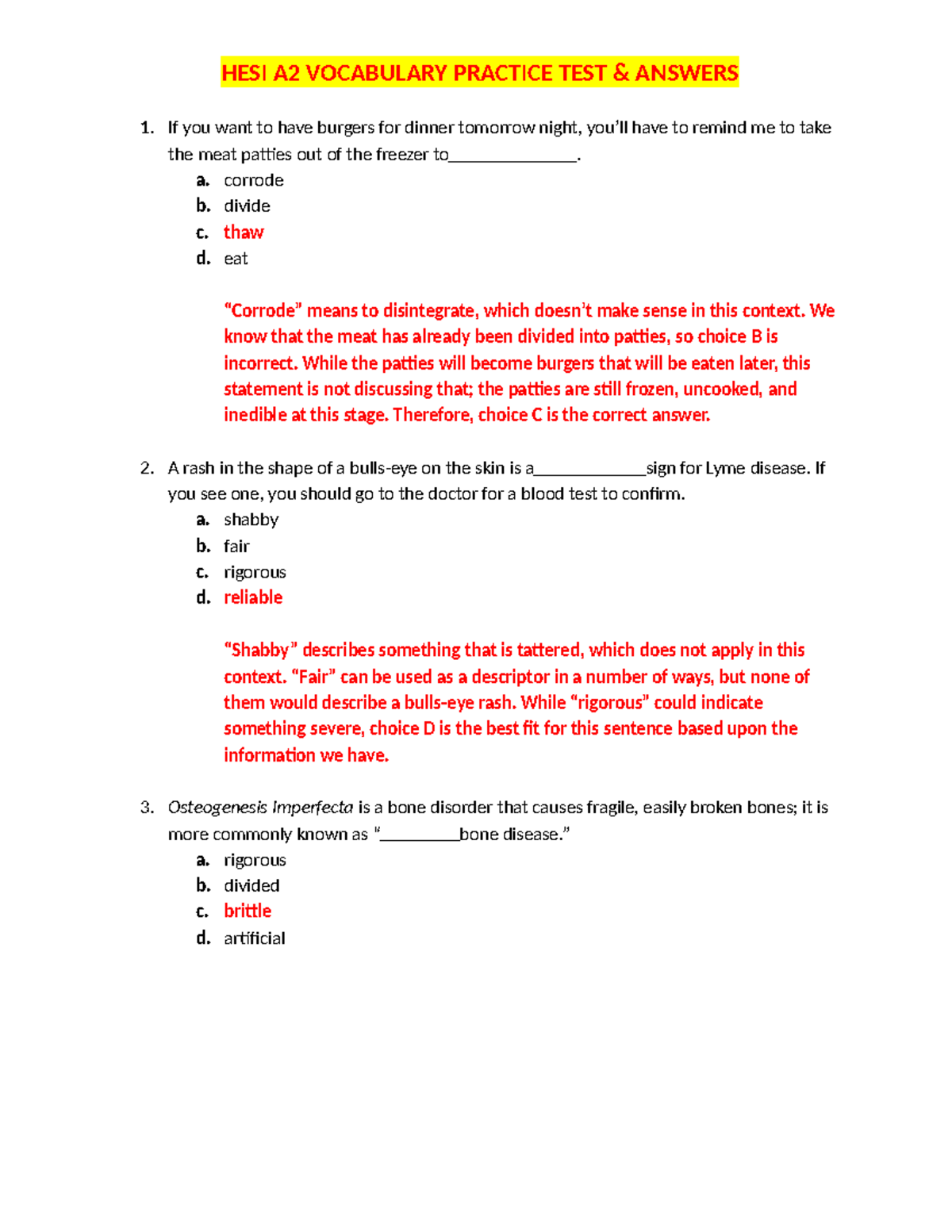 A2 Vocabulary Hesi Hesi A2 Vocabulary Practice Test And Answers If