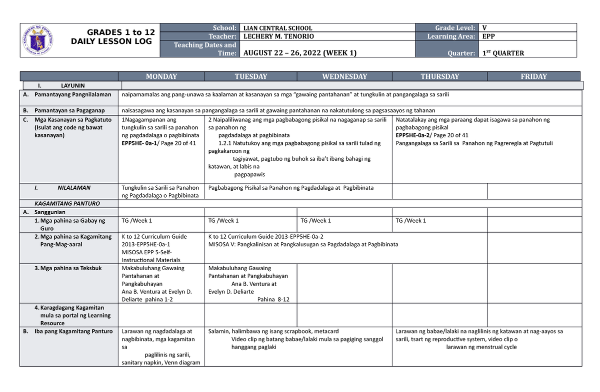 Dll Epp 5 Q1 W1 It Is A Daily Lesson Log Sample Material Grades 1 To 12 Daily Lesson Log 5383