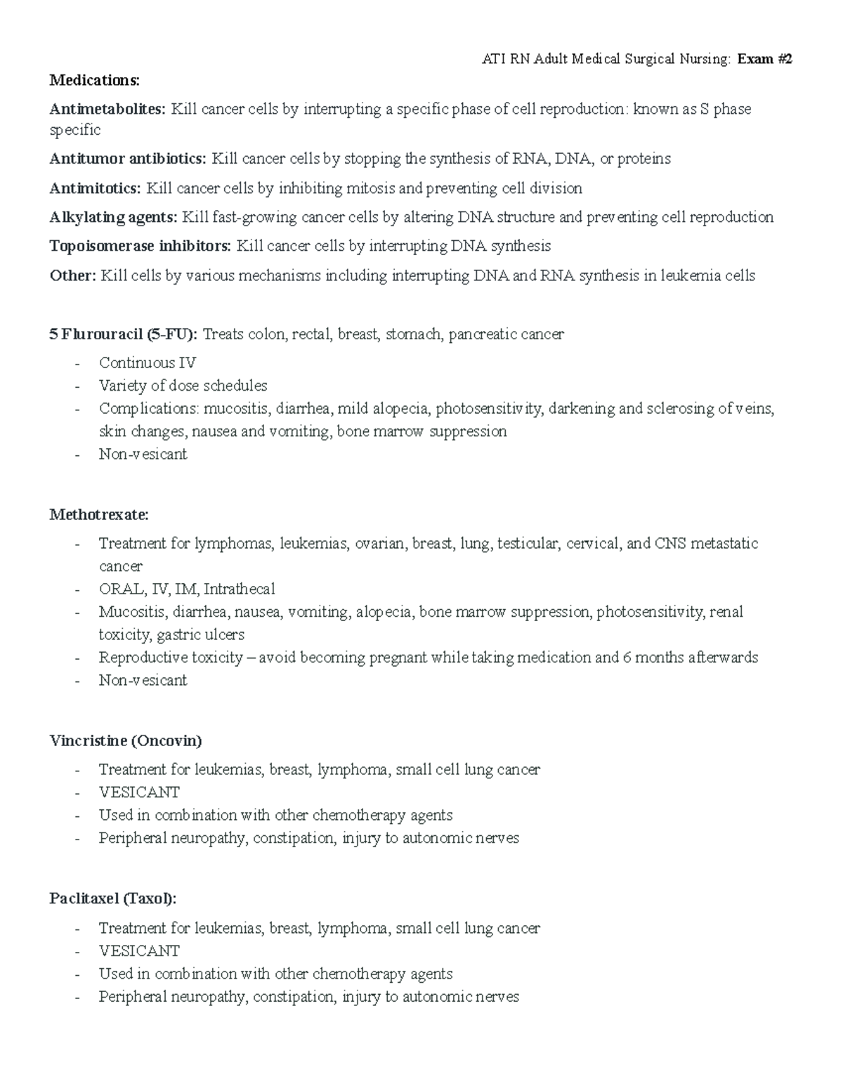 NUR 245- Week #7 Cancer - notes from lexture on content - Medications ...