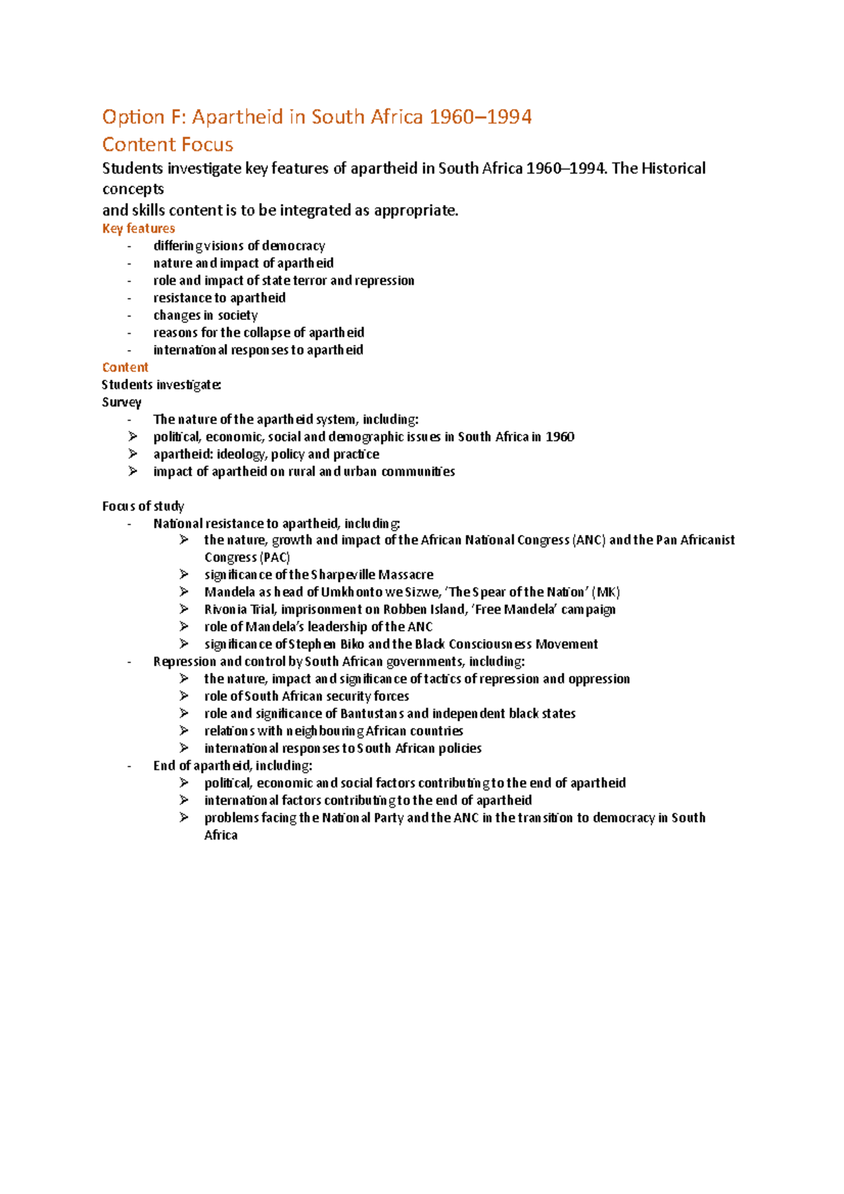 Apartheid in South Africa Notes - Option F: Apartheid in South Africa ...