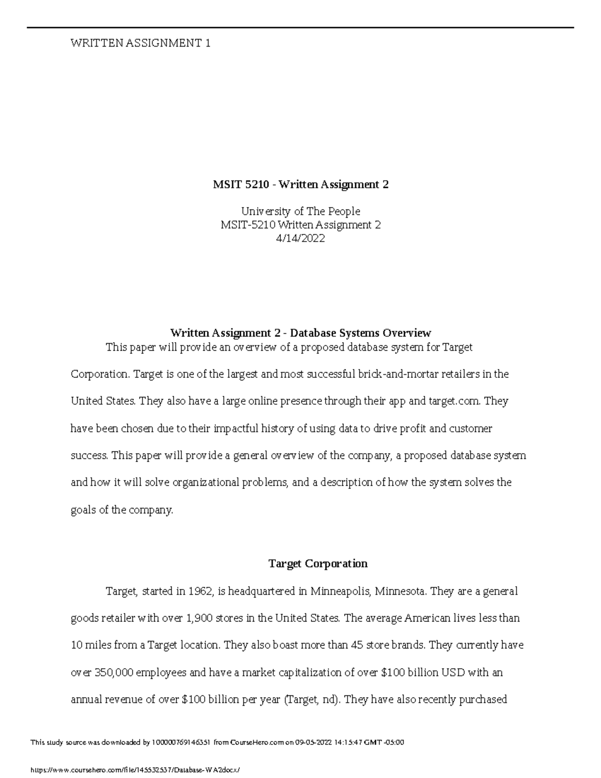 Database WA2 - MSIT - MSIT 5210 - Written Assignment 2 University of ...