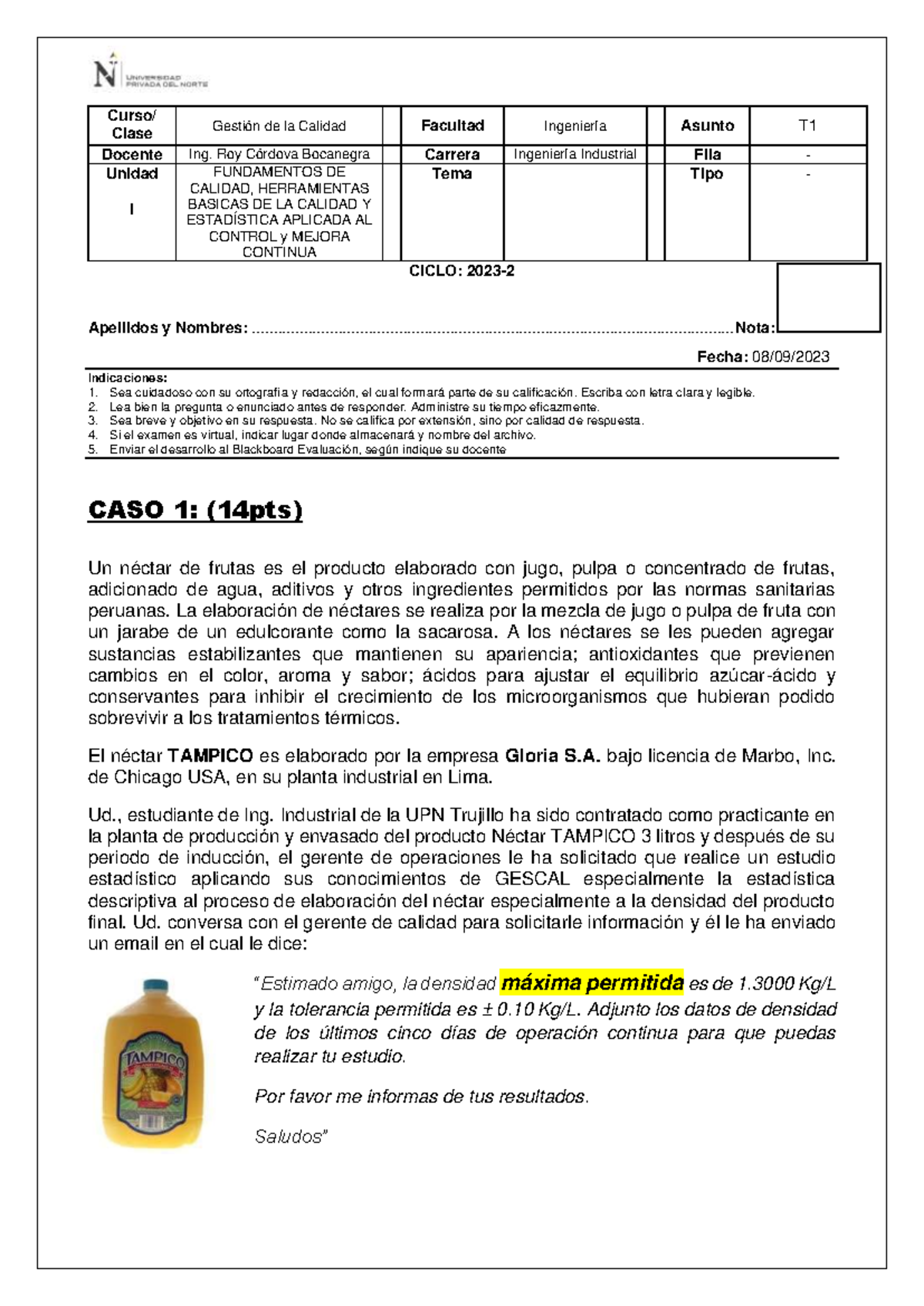 Evaluación T1 - Gescal 2023 - 2 - Curso/ Clase Gestión de la Calidad ...